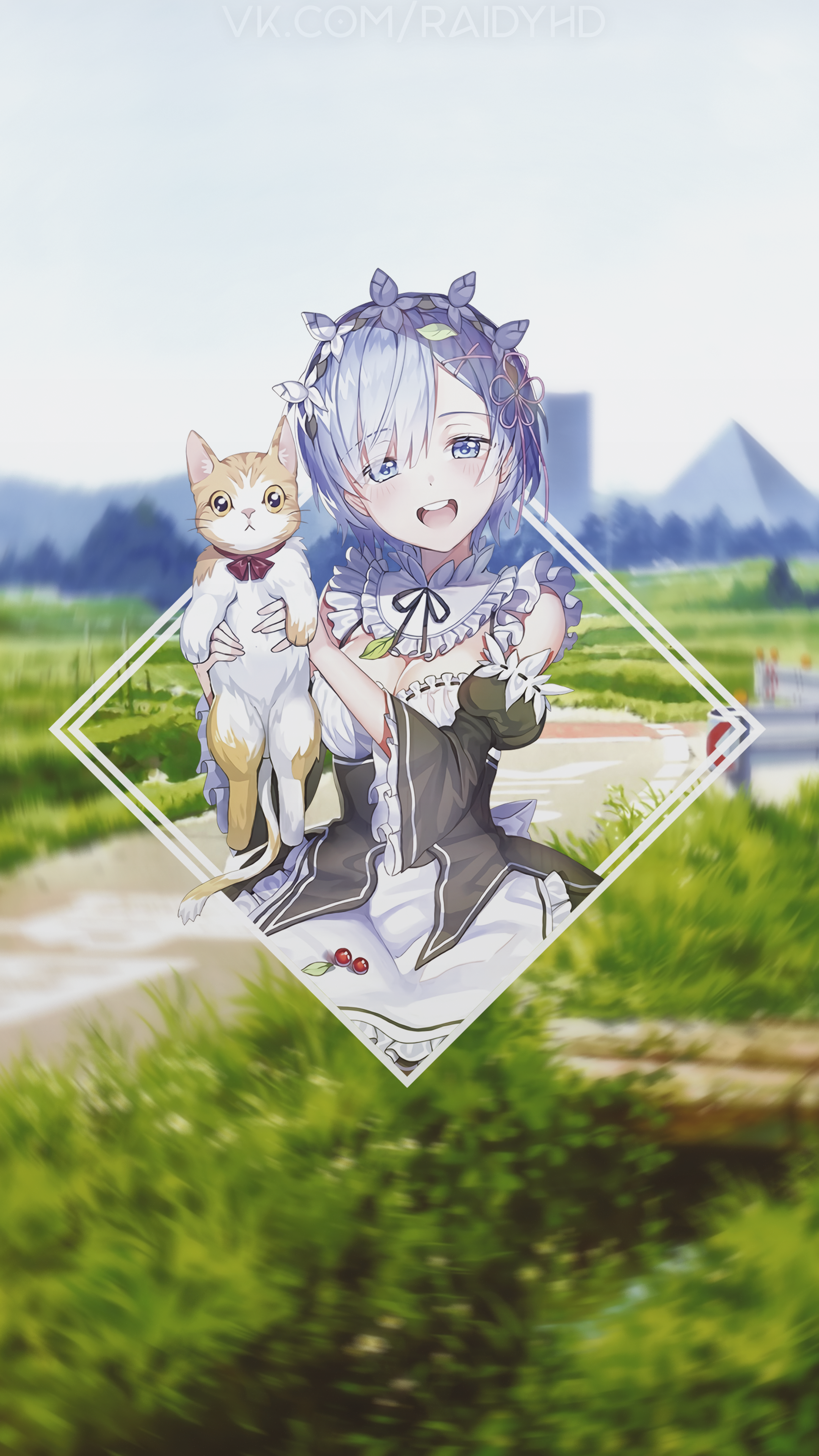 Rem from Re:Zero holding a cat HD Phone Wallpaper