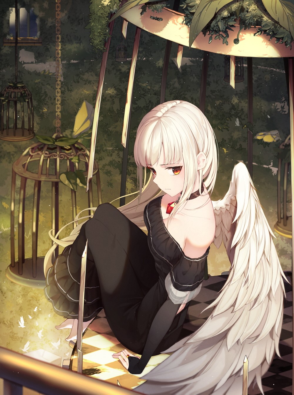 Anime girl with white hair and wings in a black dress HD Phone Wallpaper