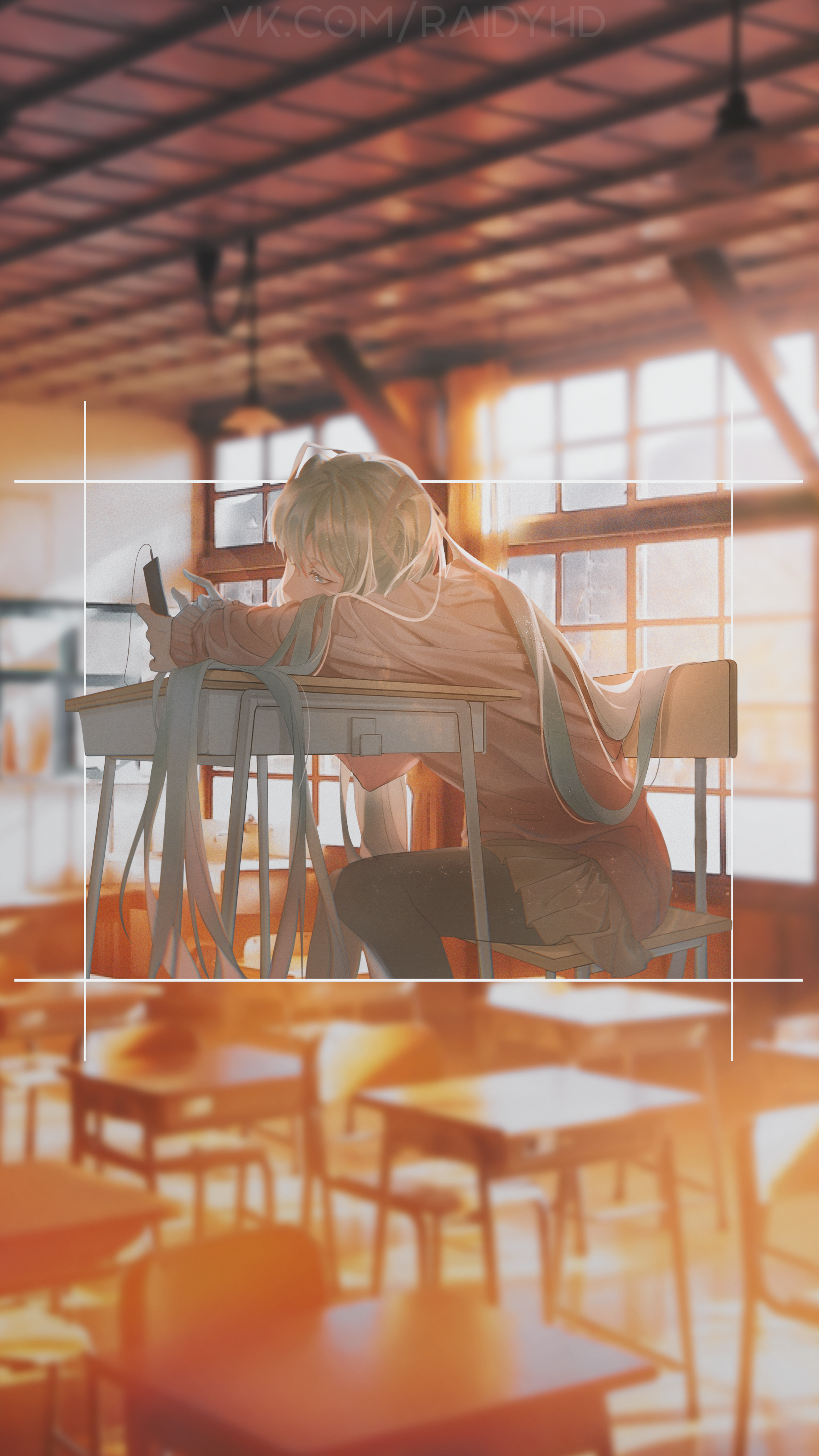 Anime girl with headphones in a classroom HD Phone Wallpaper