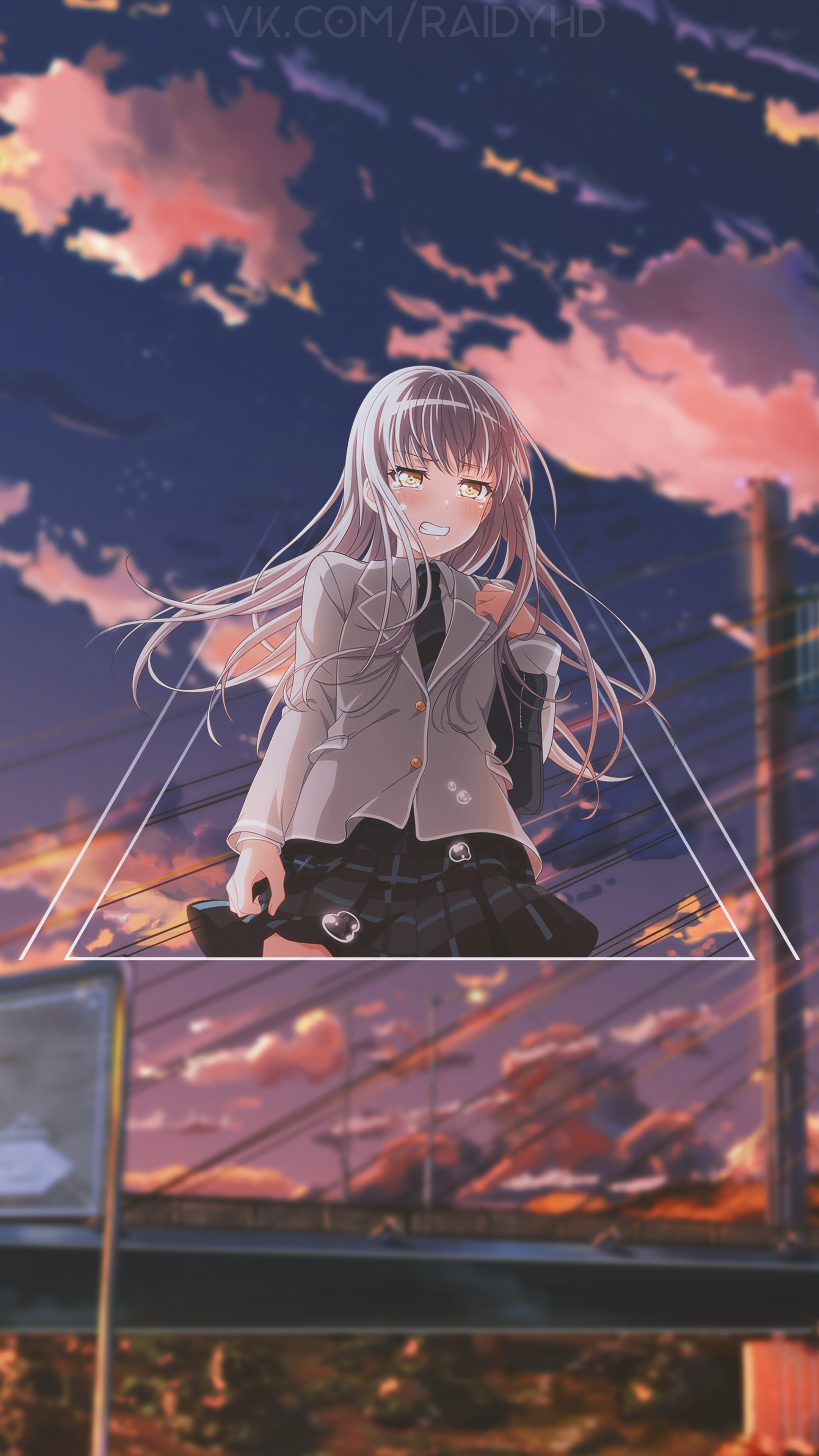 Anime girl with long hair in school uniform against sunset sky HD Phone Wallpaper