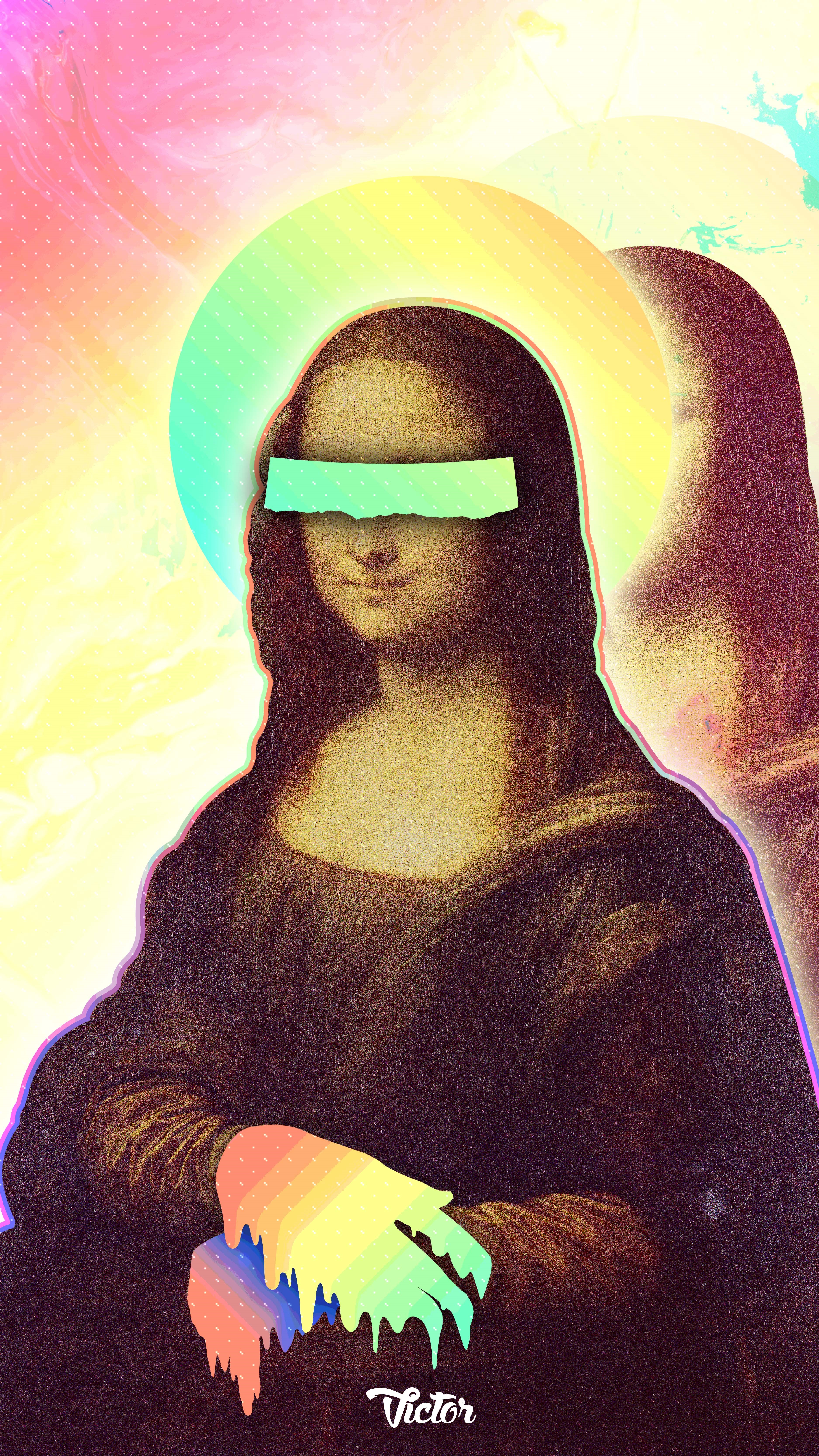 Mona Lisa with rainbow halo and blindfold HD Phone Wallpaper