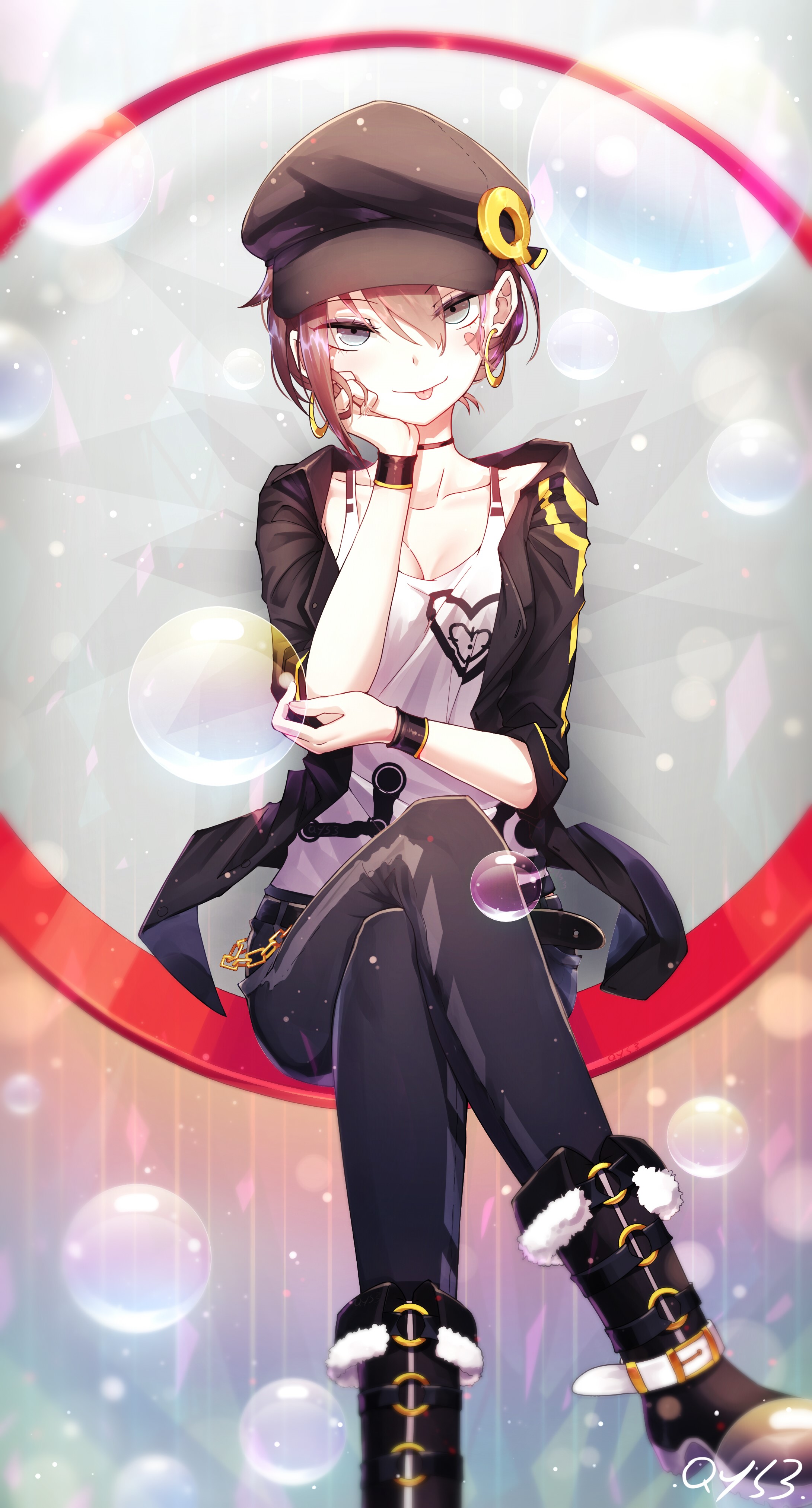 Anime girl with hat and boots sitting HD Phone Wallpaper