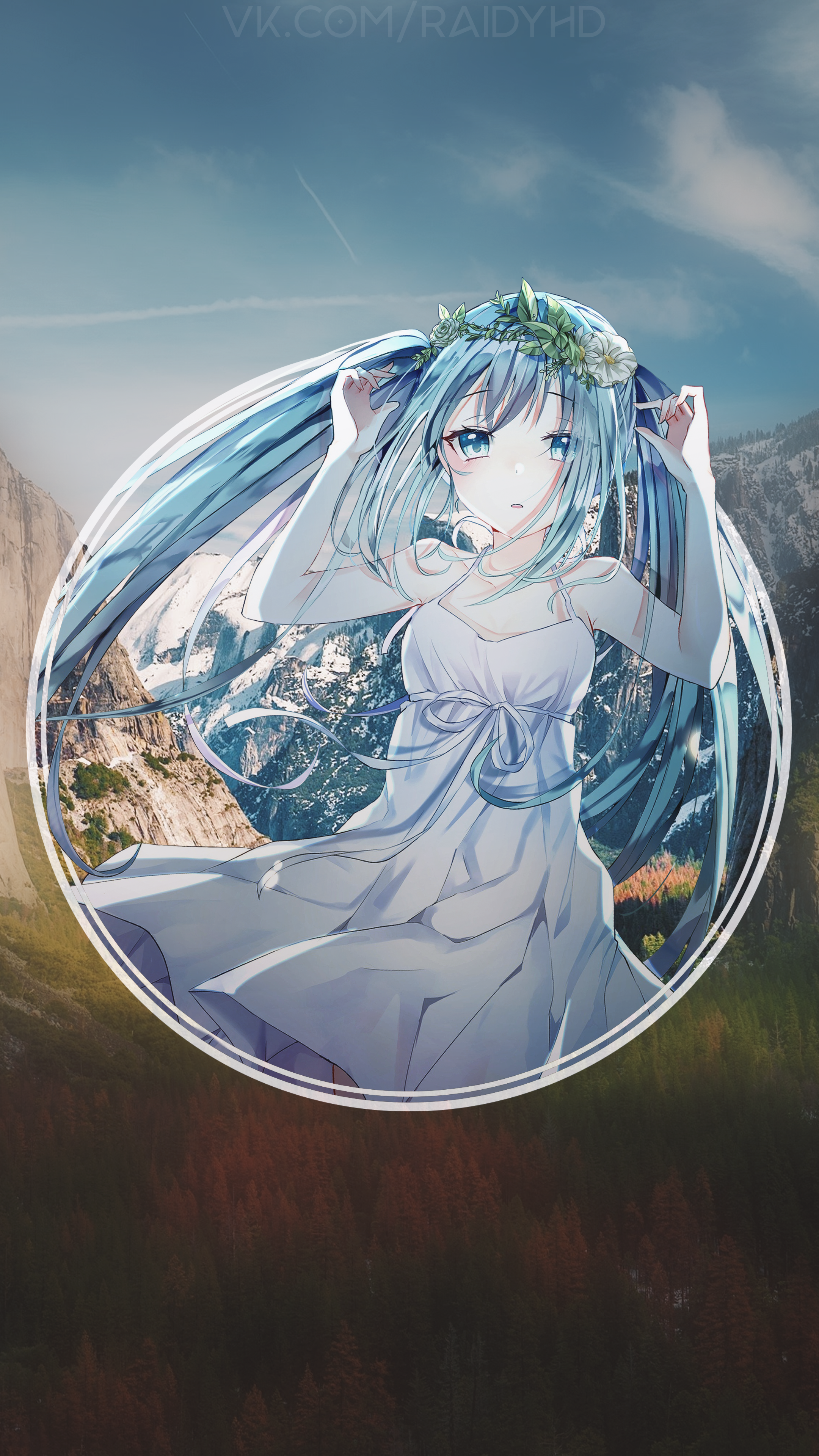 Hatsune Miku in a white dress with a flower crown HD Phone Wallpaper