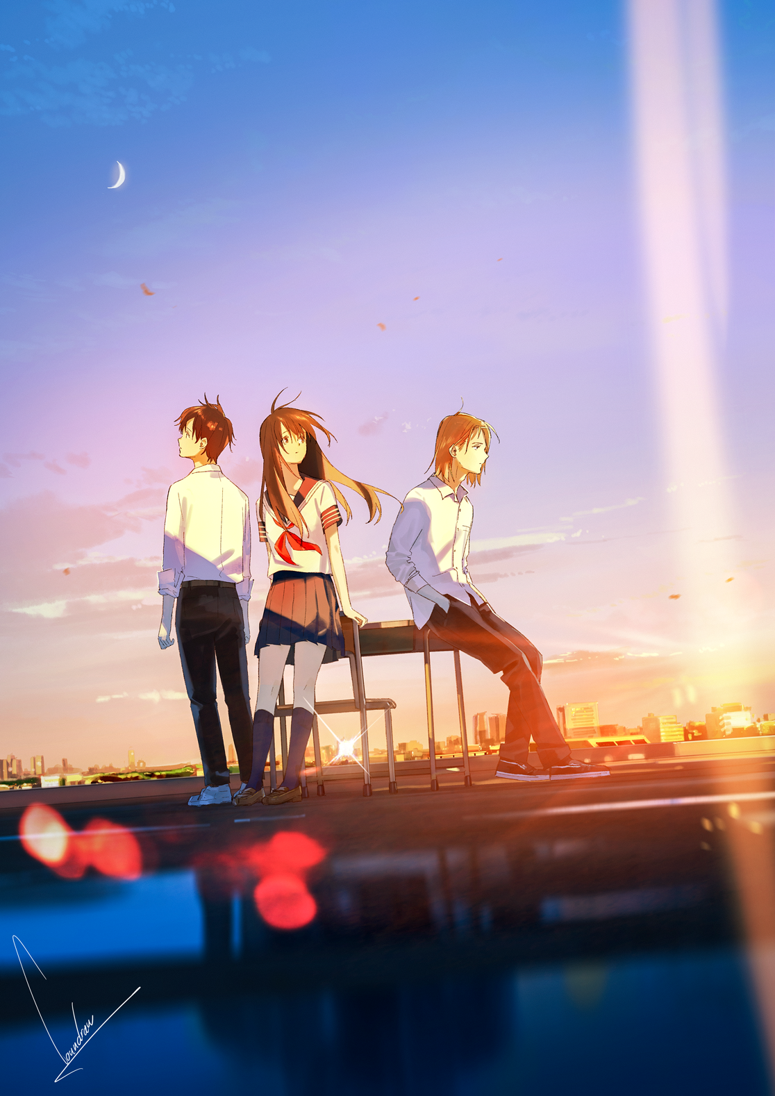 Anime characters on a rooftop at sunset HD Phone Wallpaper