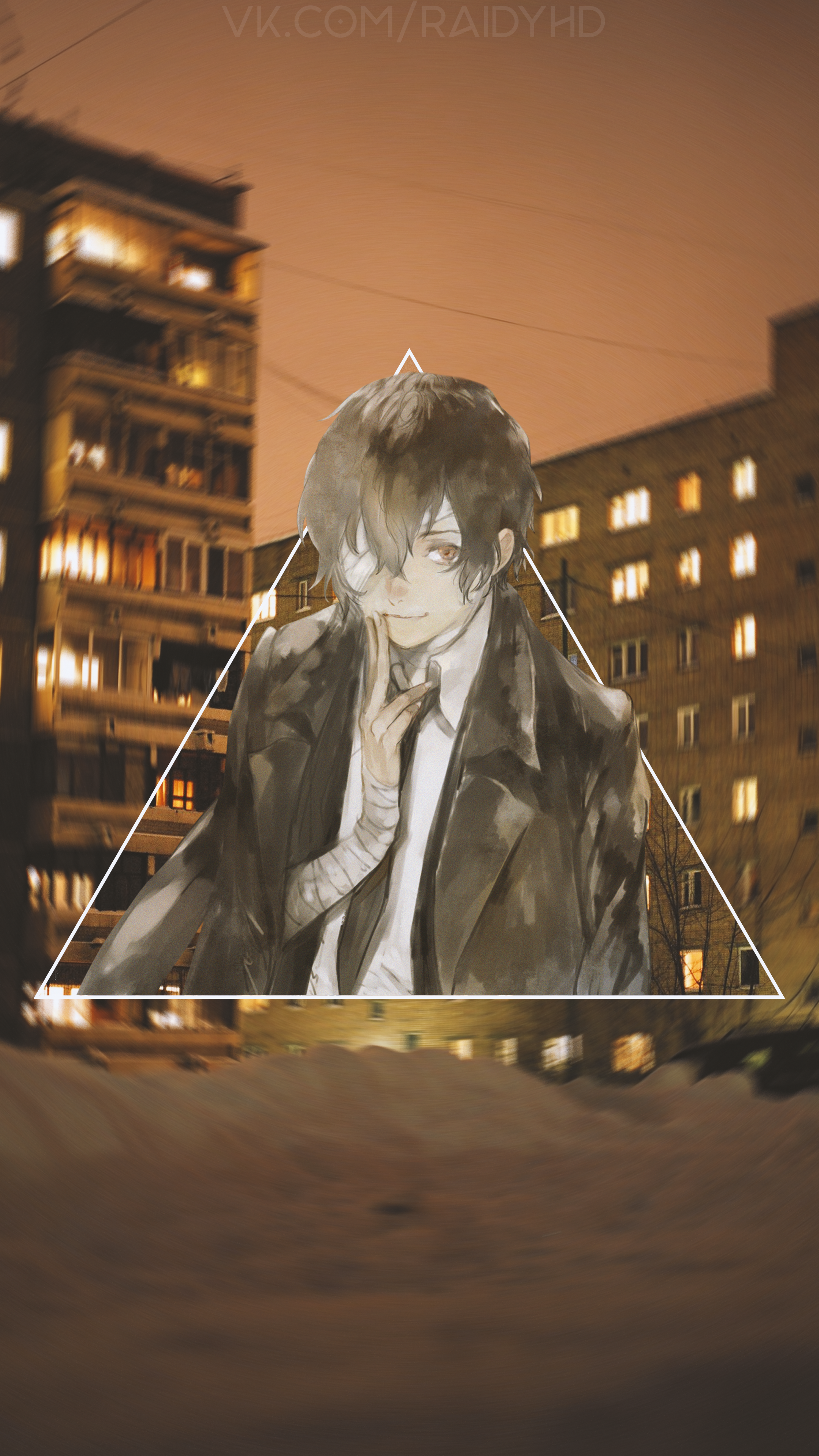 Anime character with eyepatch in front of apartment buildings HD Phone Wallpaper