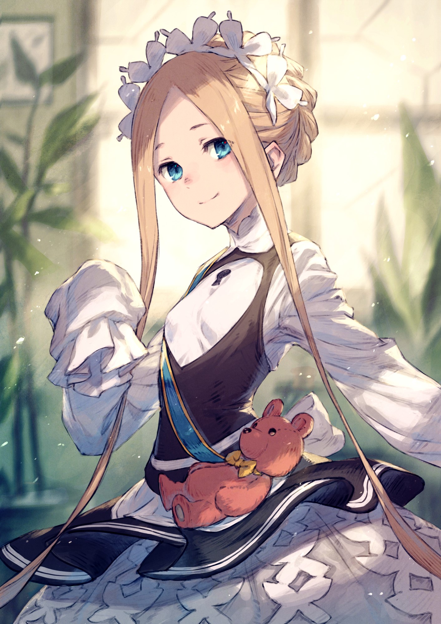 Abigail Williams from Fate/Grand Order with a teddy bear HD Phone Wallpaper