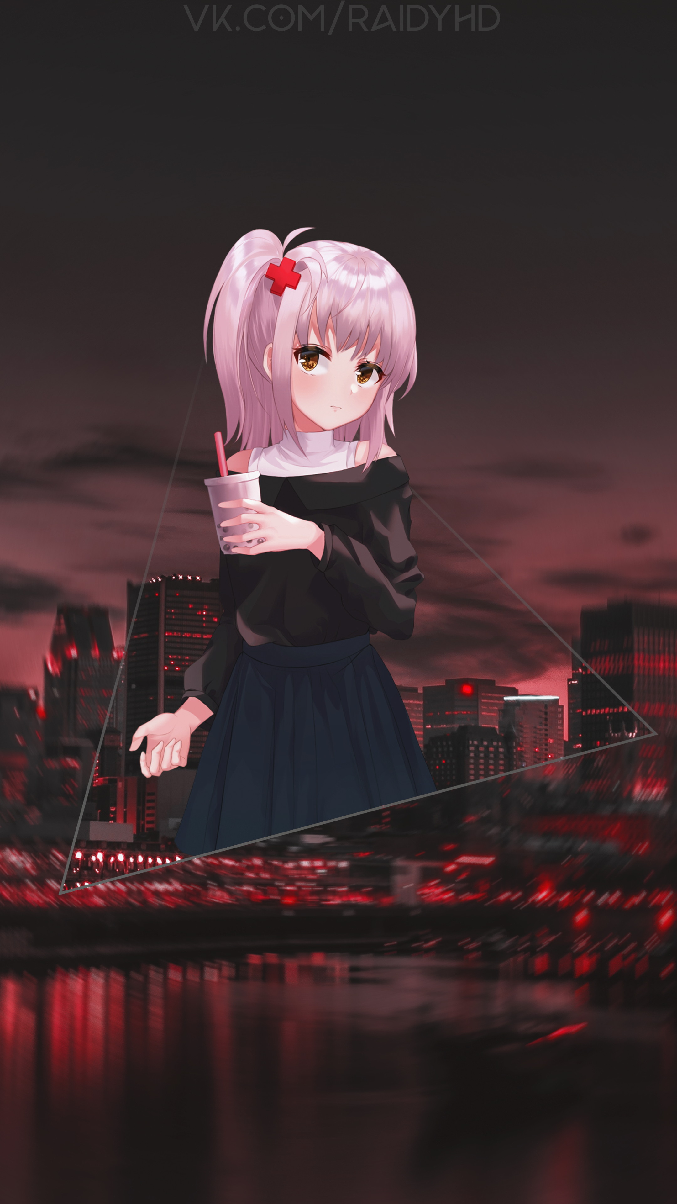 Anime girl with pink hair holding a drink in a city at night HD Phone Wallpaper