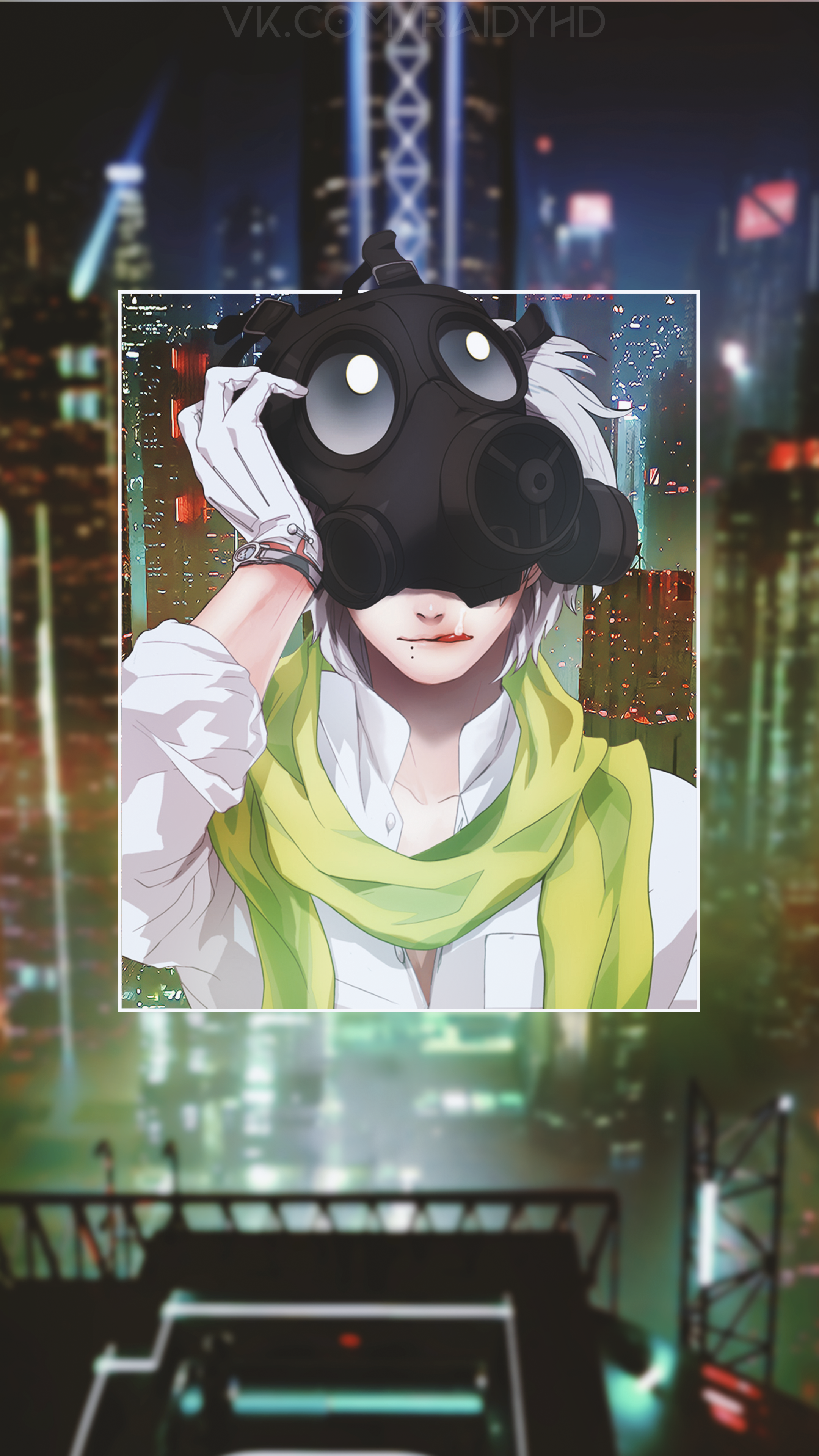 Anime boy with gas mask and green scarf in city HD Phone Wallpaper