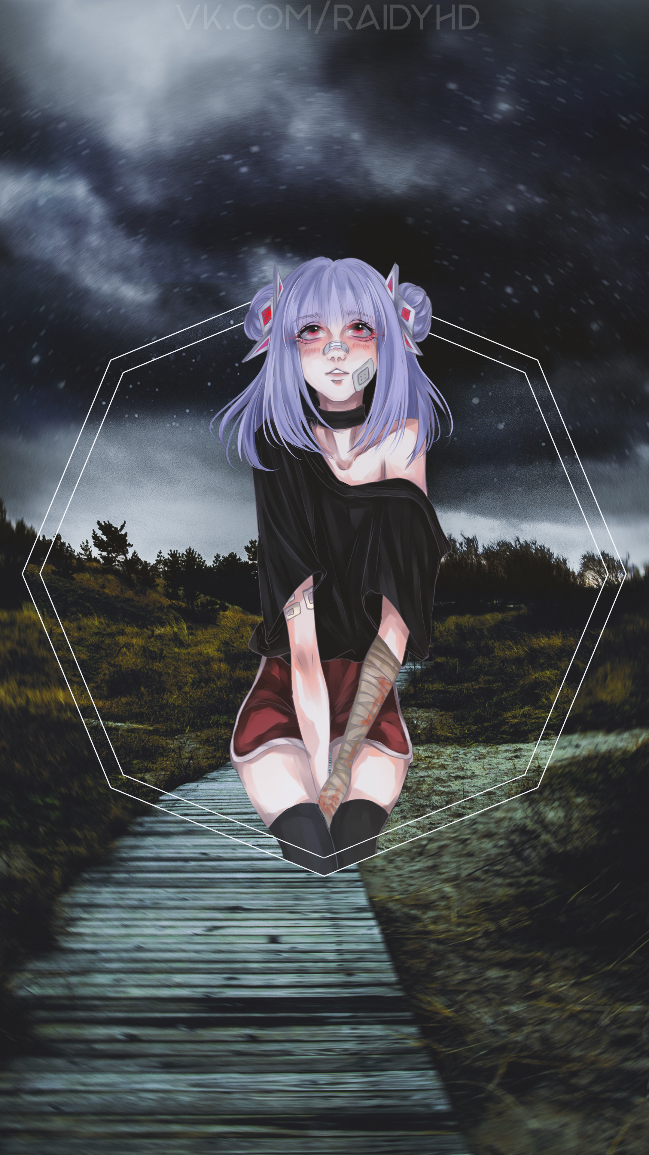 Anime girl with bandages on a wooden path HD Phone Wallpaper