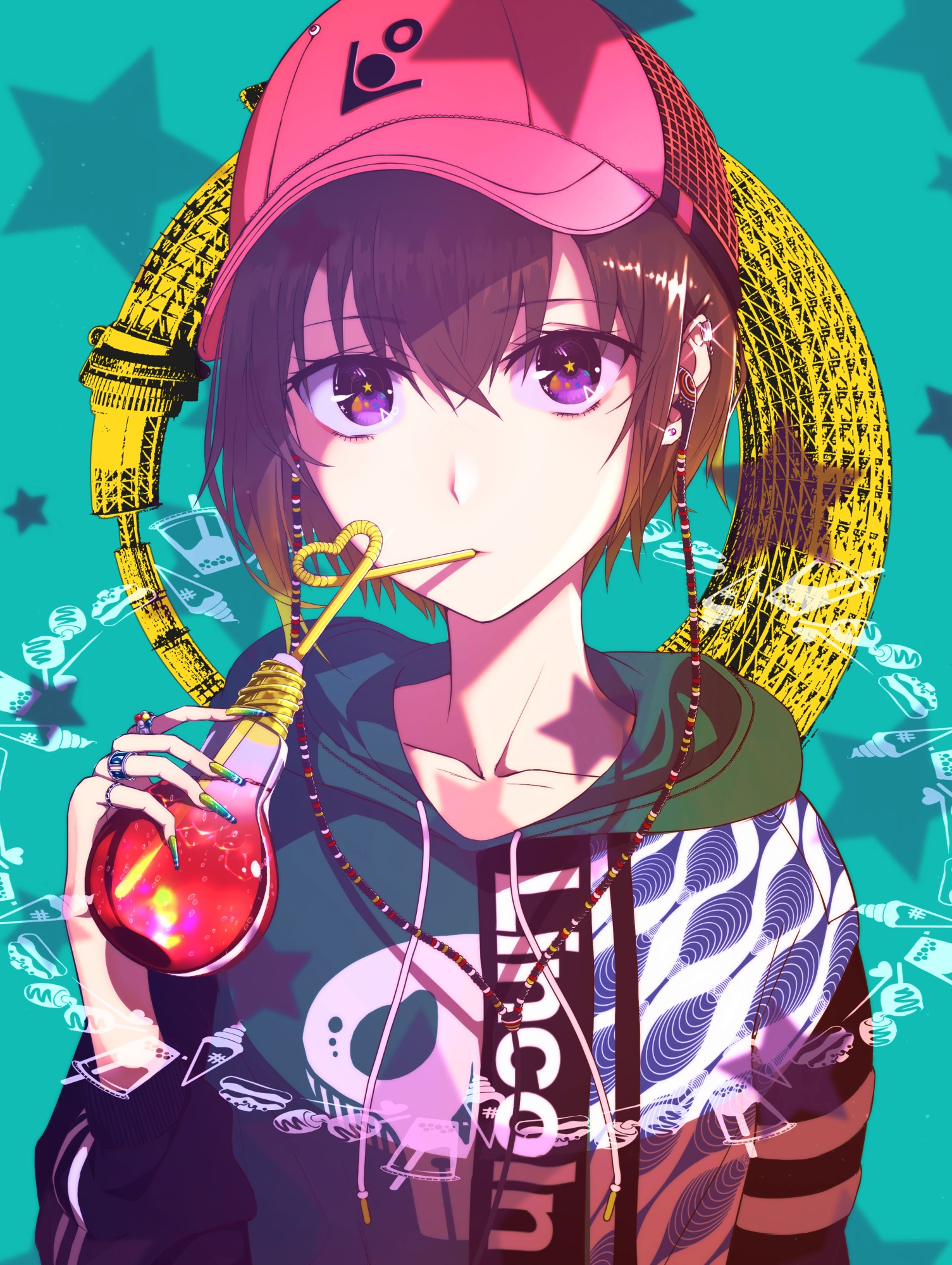 Anime girl with pink cap and lightbulb drink HD Phone Wallpaper