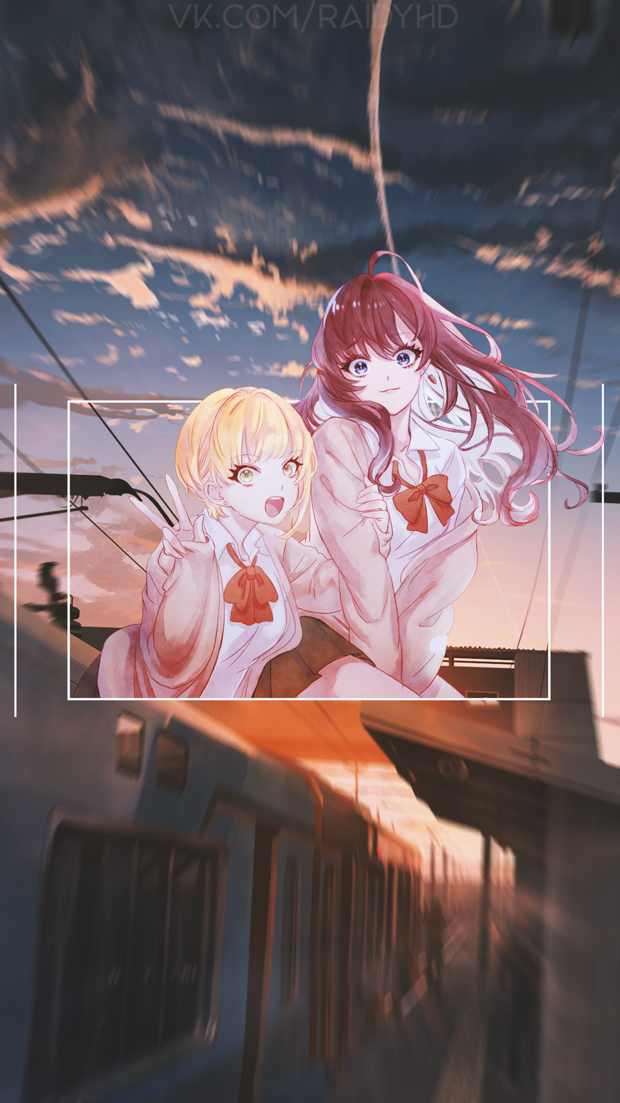 Two anime girls on a train platform at sunset HD Phone Wallpaper