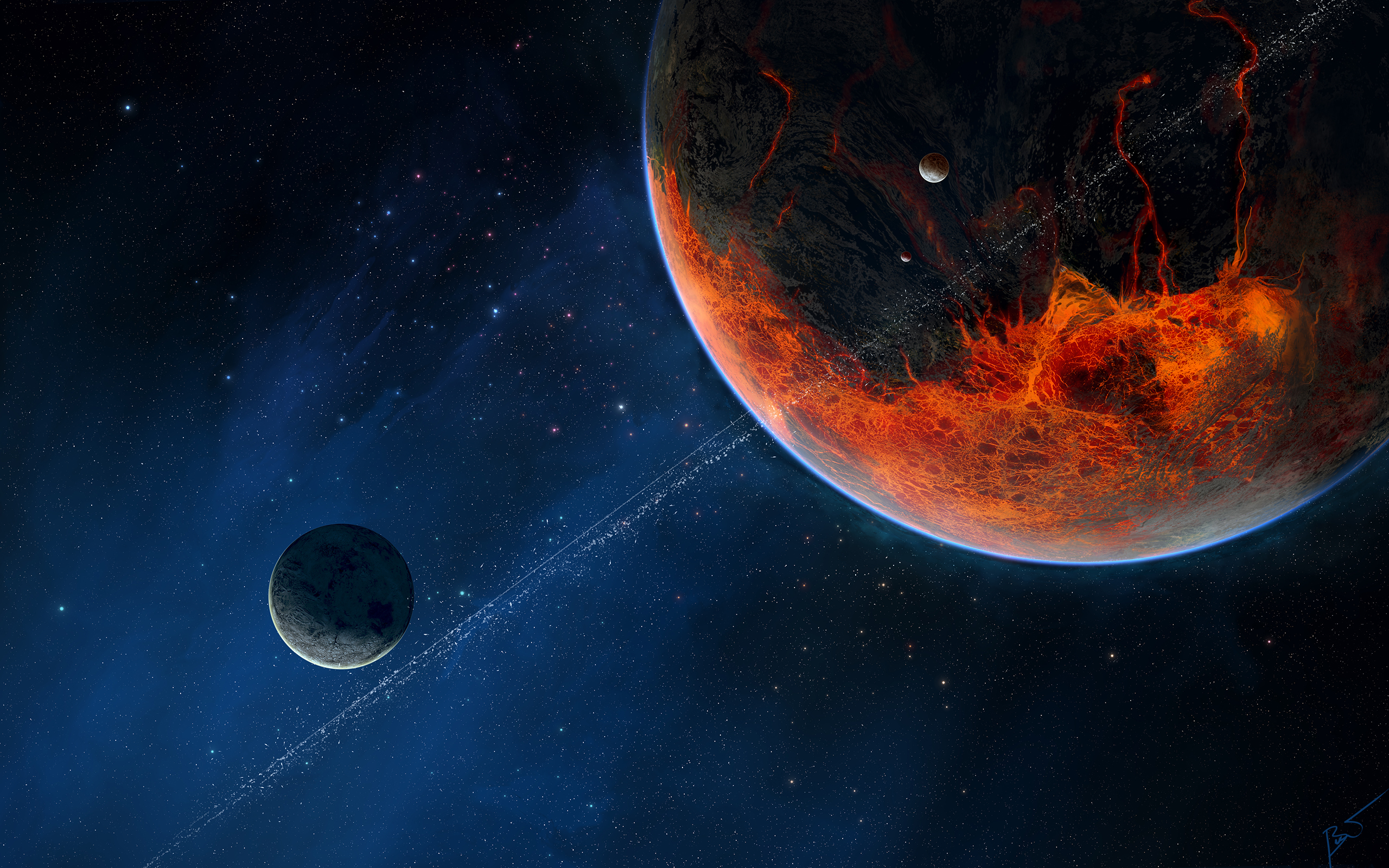 Volcanic planet with rings and moons in space HD Wallpaper