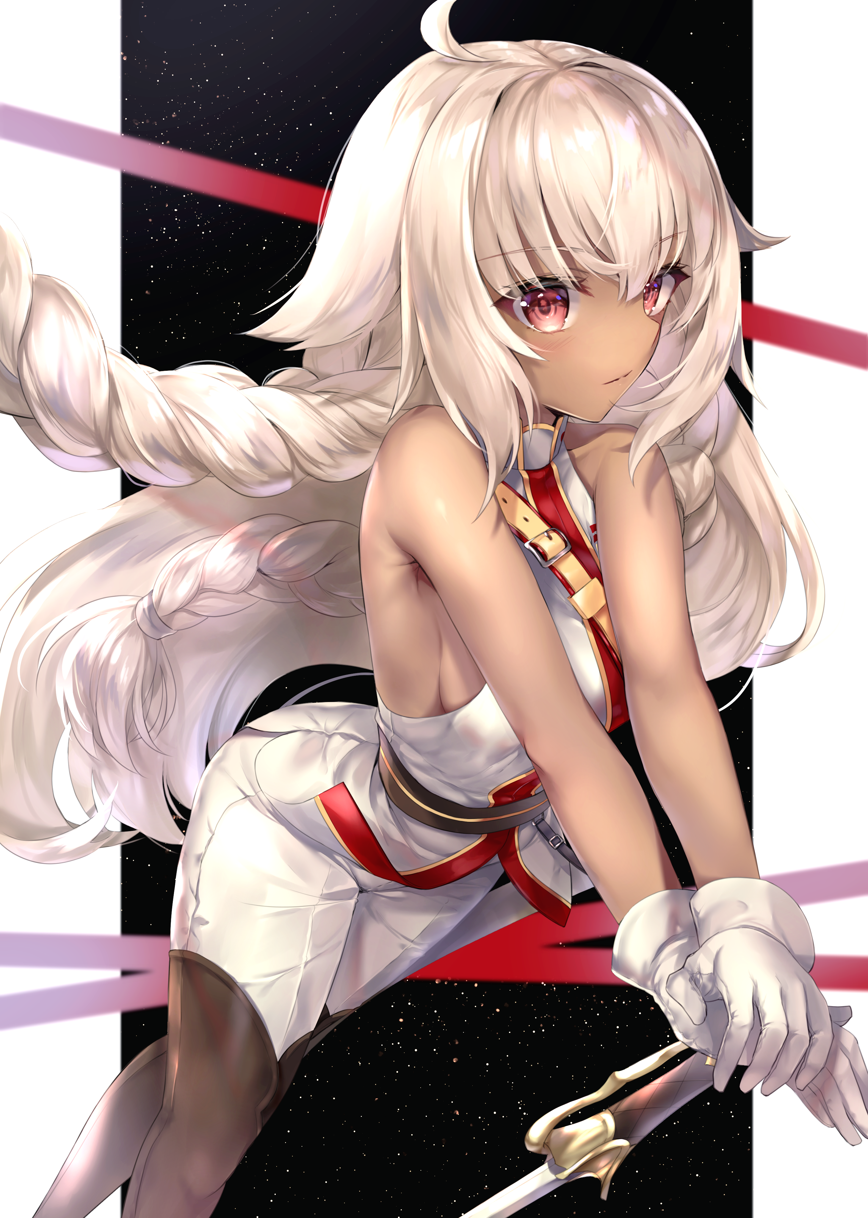 Anime girl with white hair and red eyes in a white dress HD Phone Wallpaper