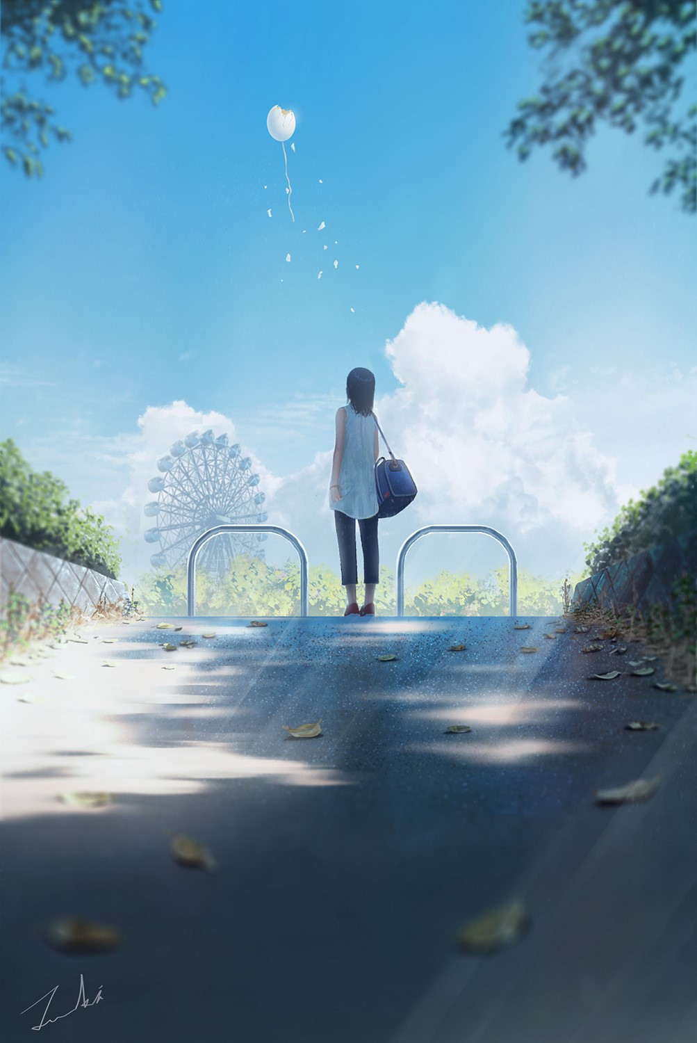 Anime girl with balloon and Ferris wheel HD Phone Wallpaper