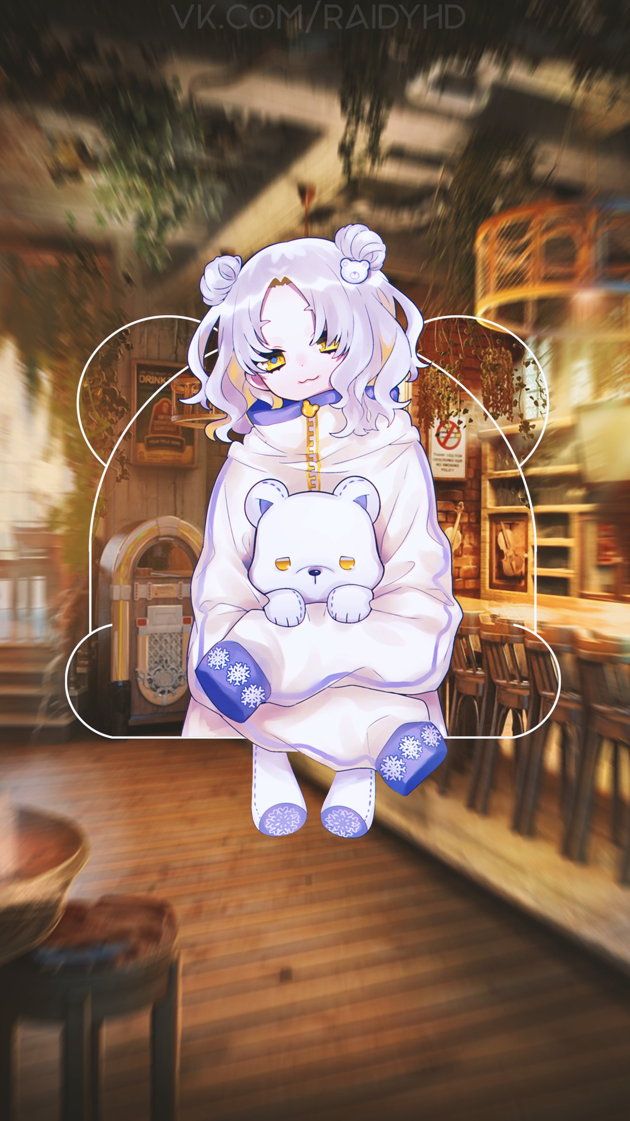 Anime girl in pajamas holding a teddy bear HD Phone Wallpaper