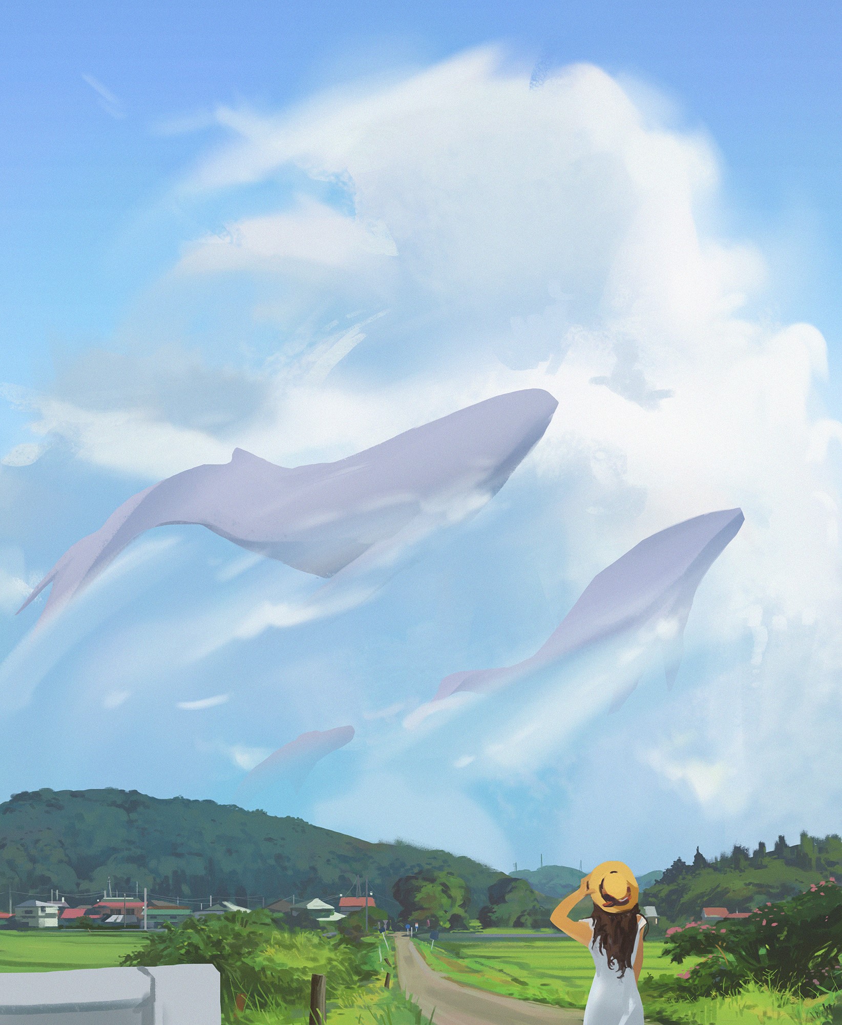 Woman in a field looking at whales in the sky HD Phone Wallpaper