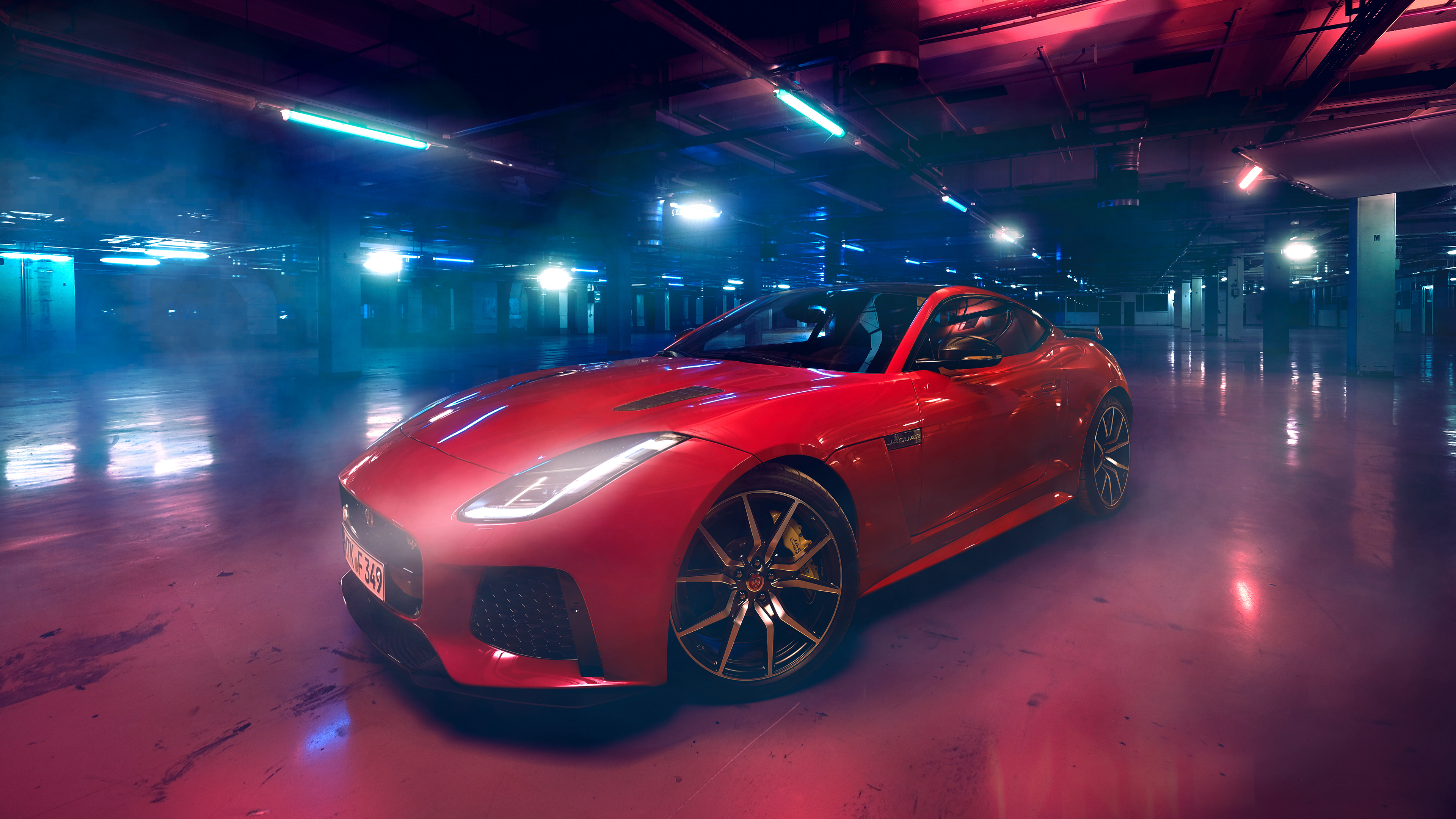 Red Jaguar F-Type SVR in parking garage HD Wallpaper