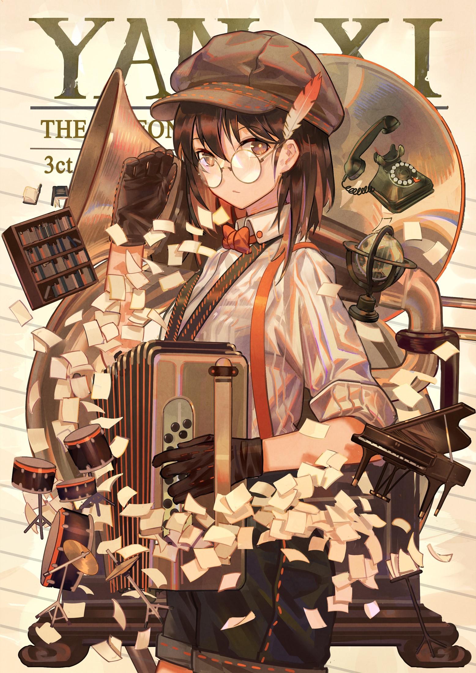 Anime girl with accordion and musical instruments HD Phone Wallpaper
