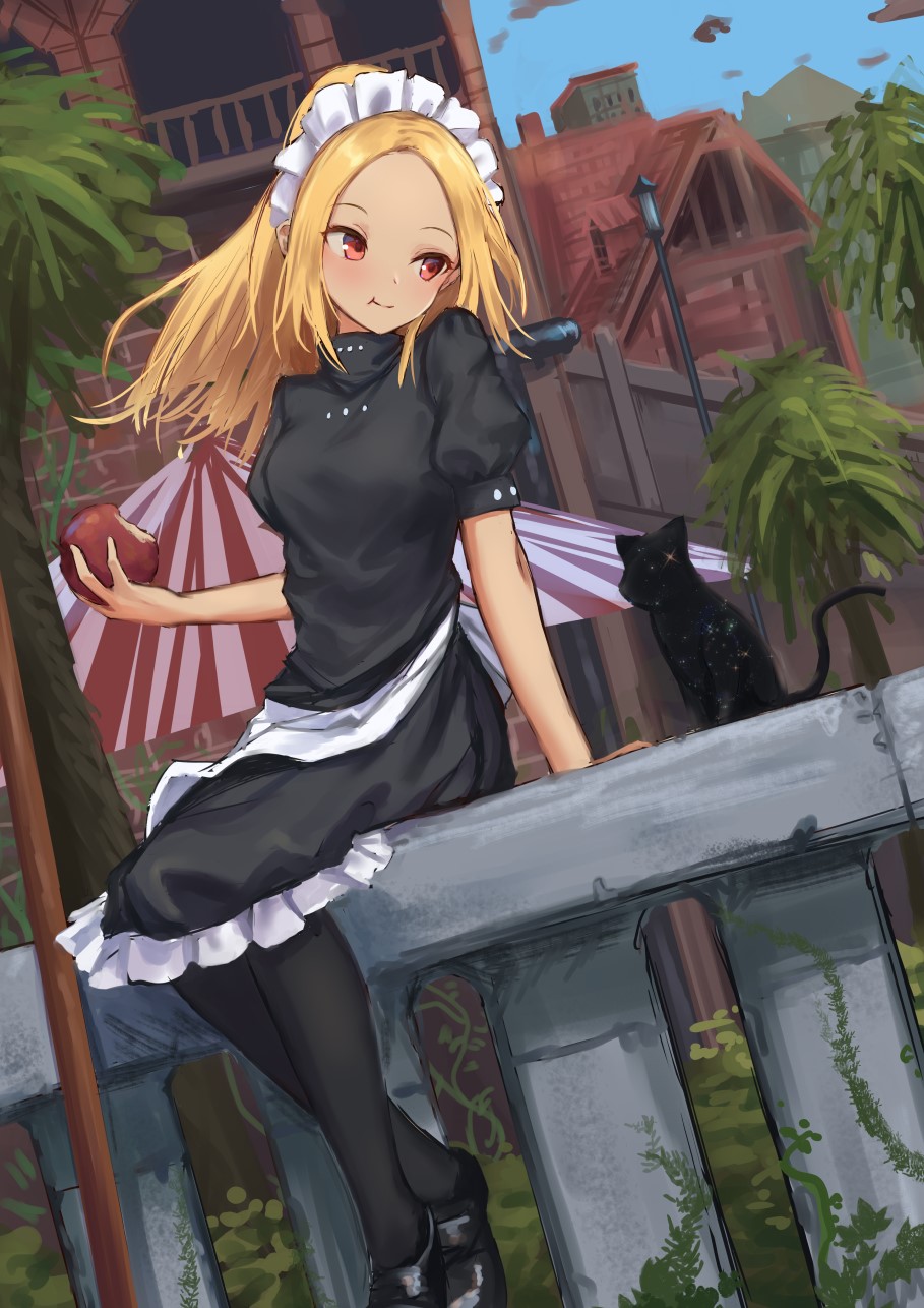 Anime girl in maid outfit with black cat HD Phone Wallpaper