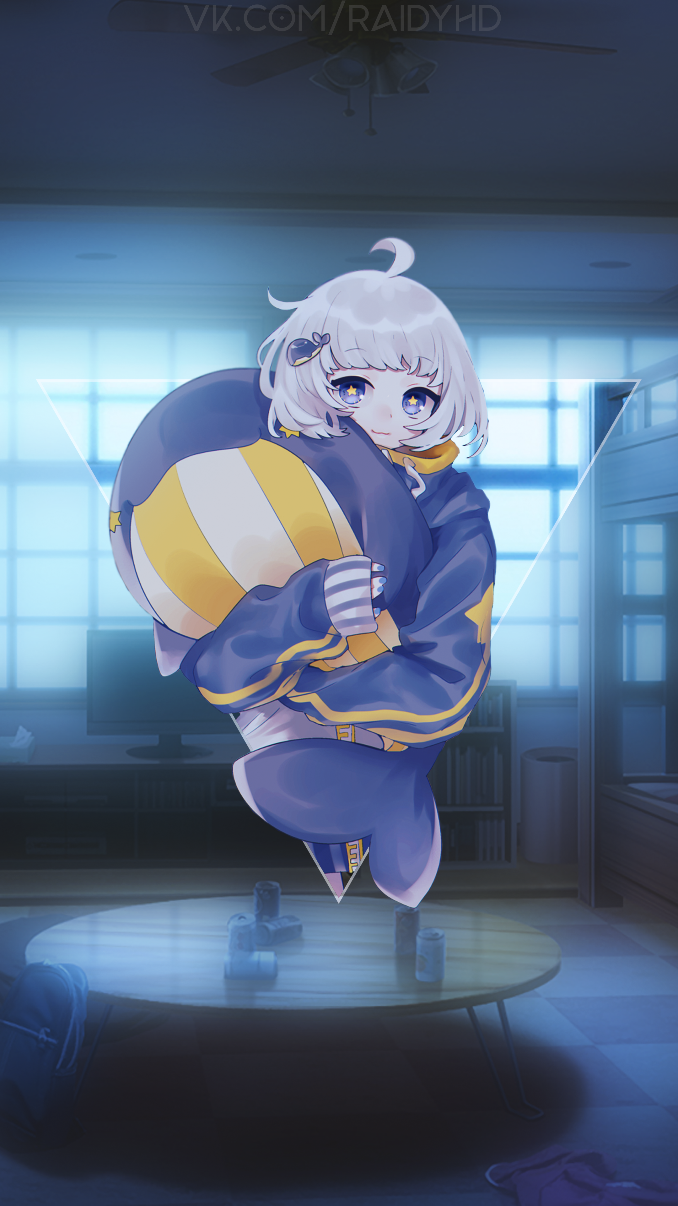 Anime girl hugging a plush toy in a room HD Phone Wallpaper