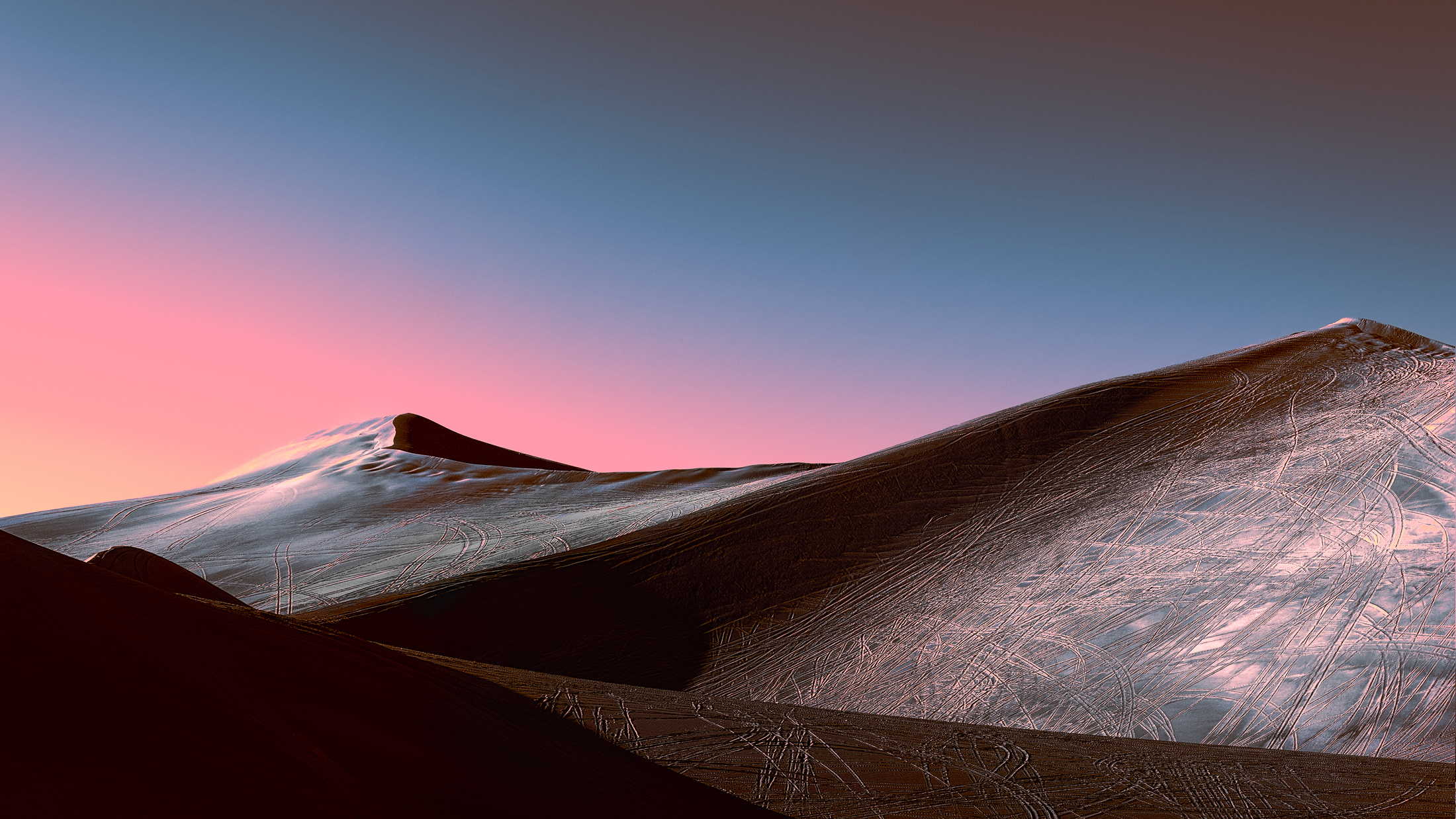 Desert dunes at sunset with pink and blue sky HD Wallpaper