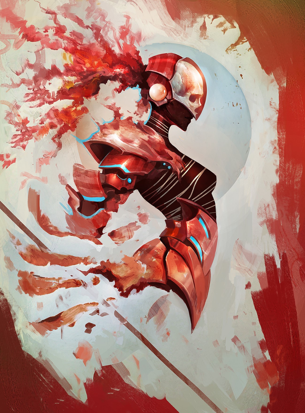 Painting of a robotic figure with a skull head HD Phone Wallpaper