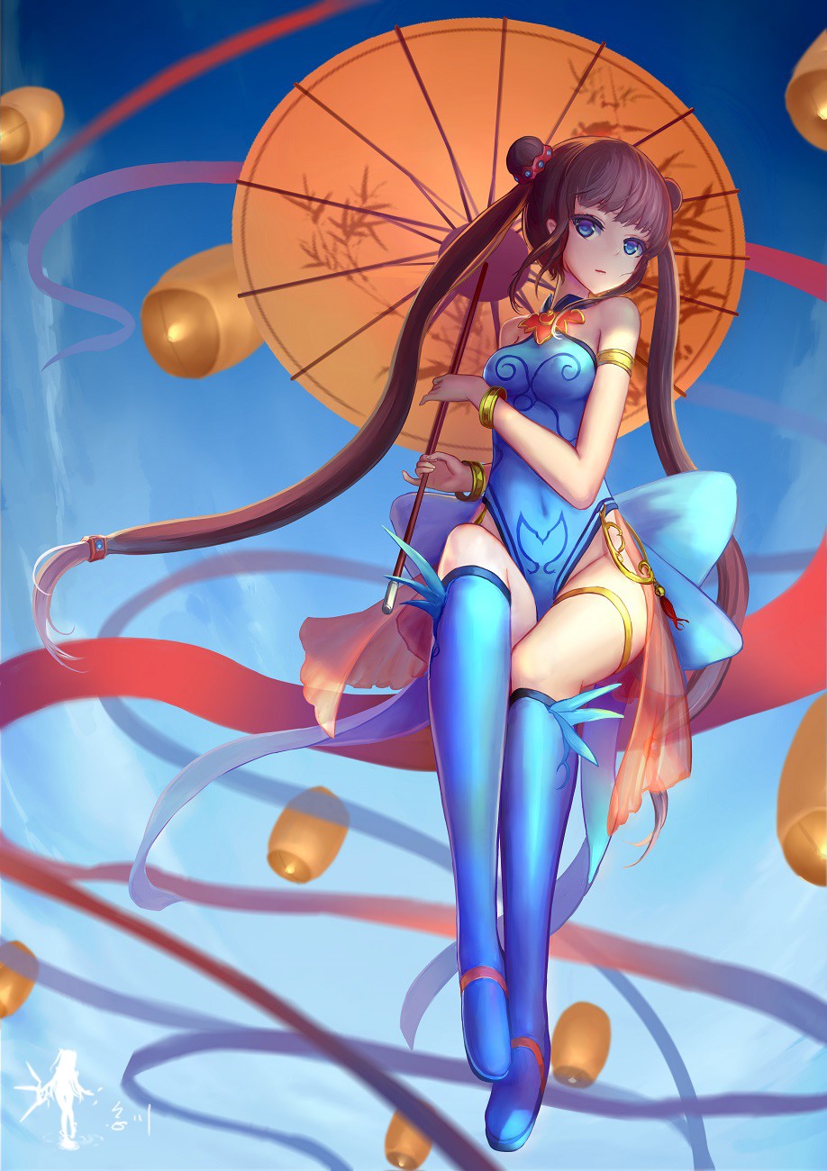 Anime girl with umbrella and lanterns HD Phone Wallpaper
