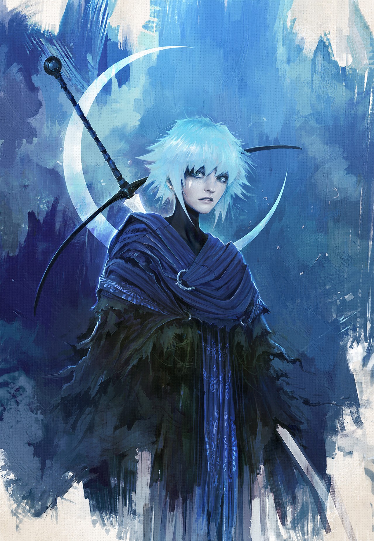 Woman with blue hair and sword in front of moon HD Phone Wallpaper