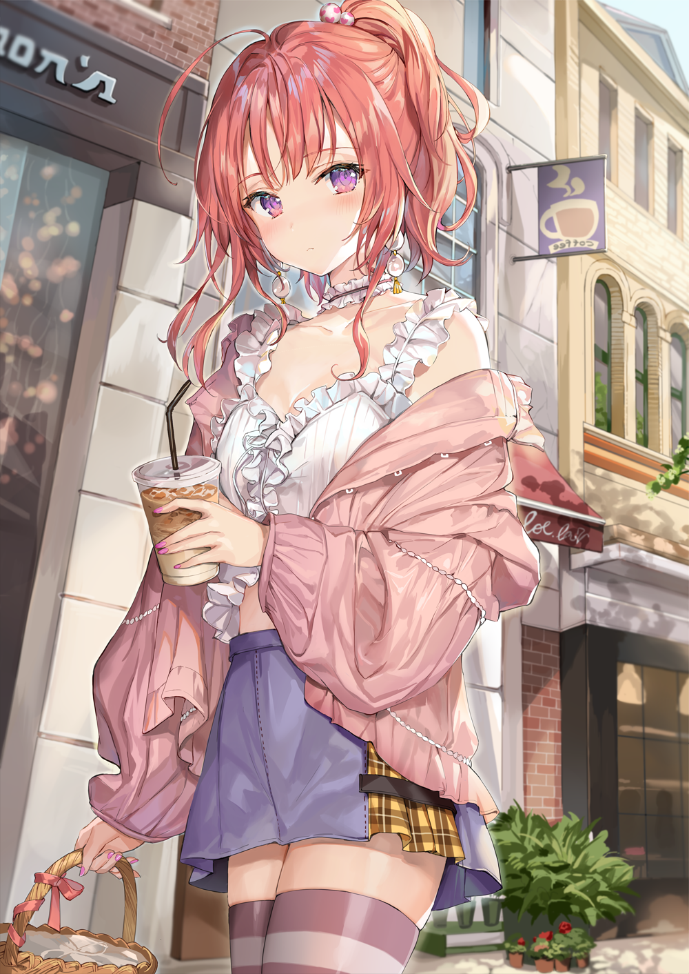 Momoko with pink hair holding a coffee cup HD Phone Wallpaper