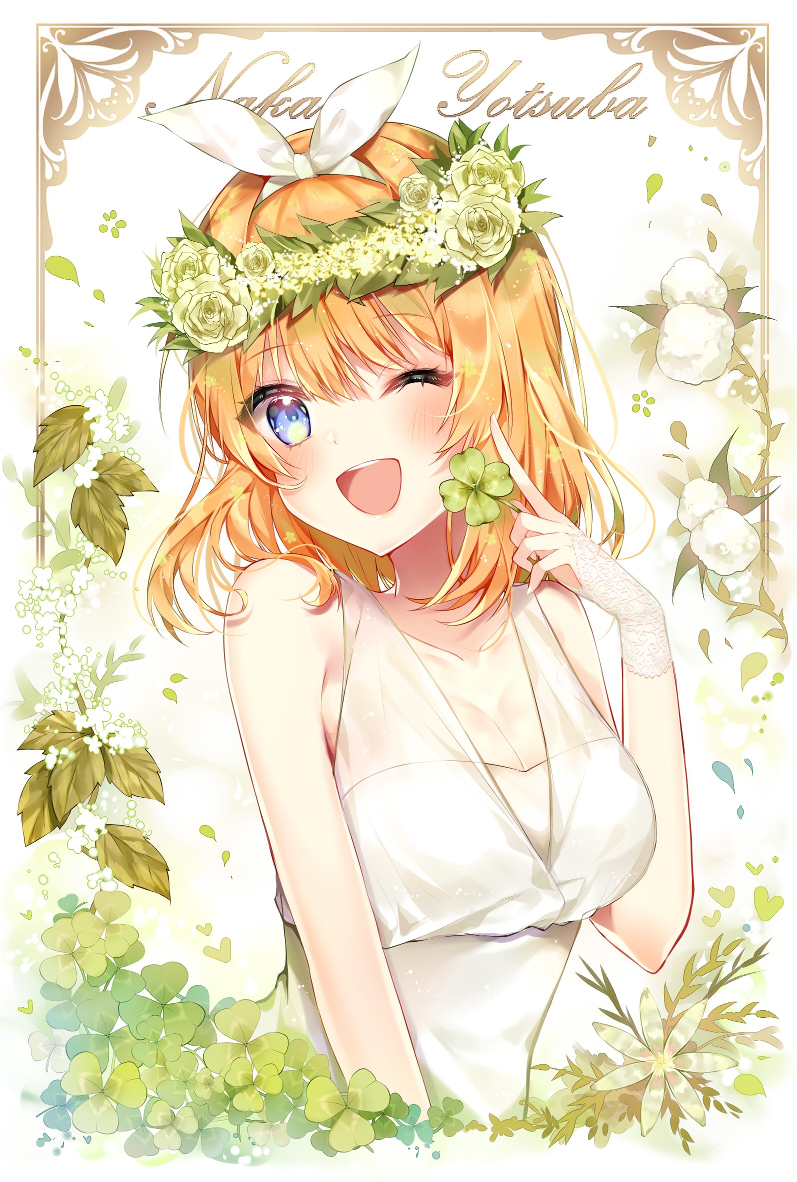 Nakano Yotsuba from 5-toubun no Hanayome wearing a white dress and flower crown HD Phone Wallpaper