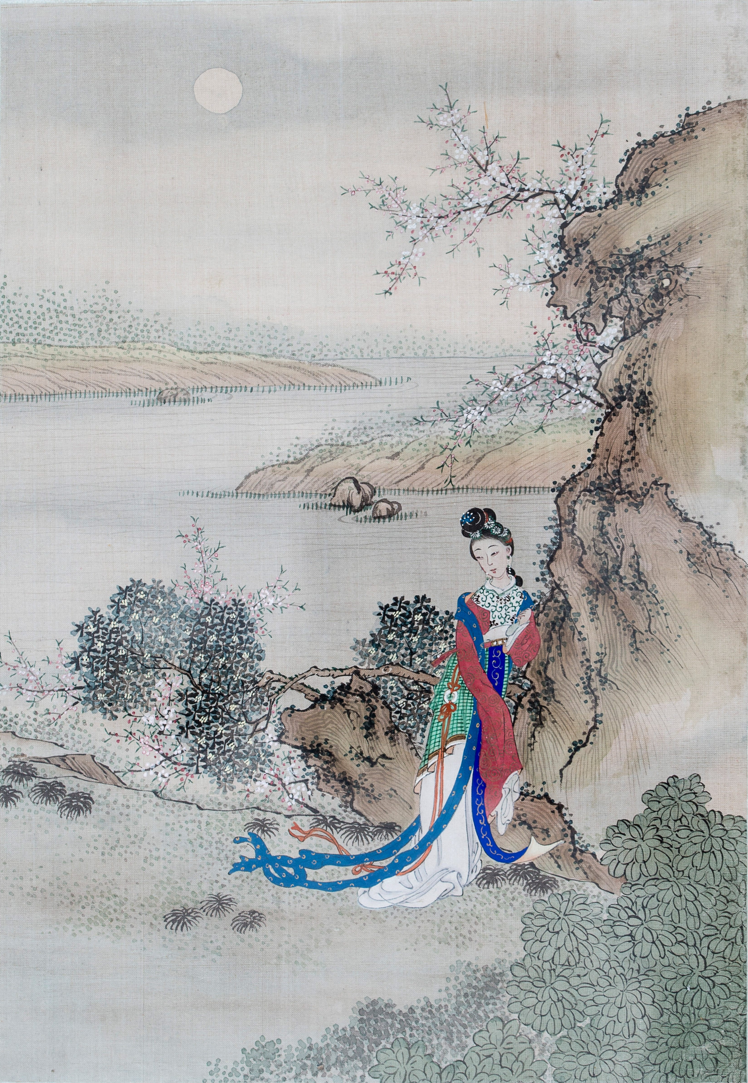 Chinese painting of a woman by a lake under the moon HD Phone Wallpaper