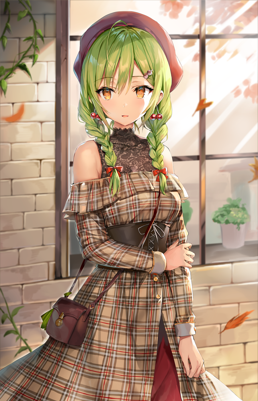 Anime girl with green hair and plaid dress HD Phone Wallpaper