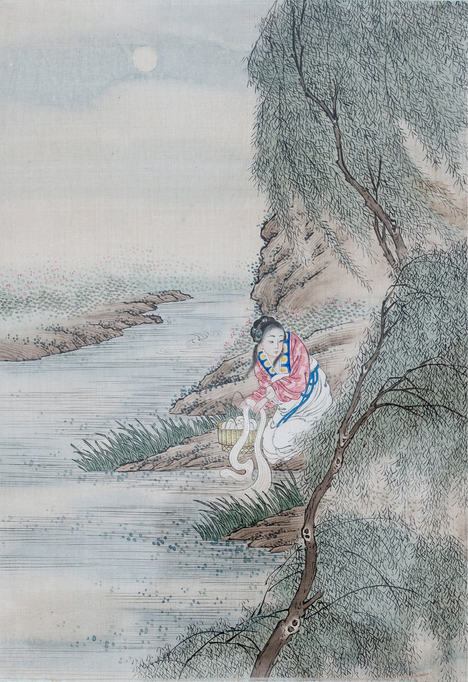 Chinese painting of a woman washing clothes by a river HD Phone Wallpaper