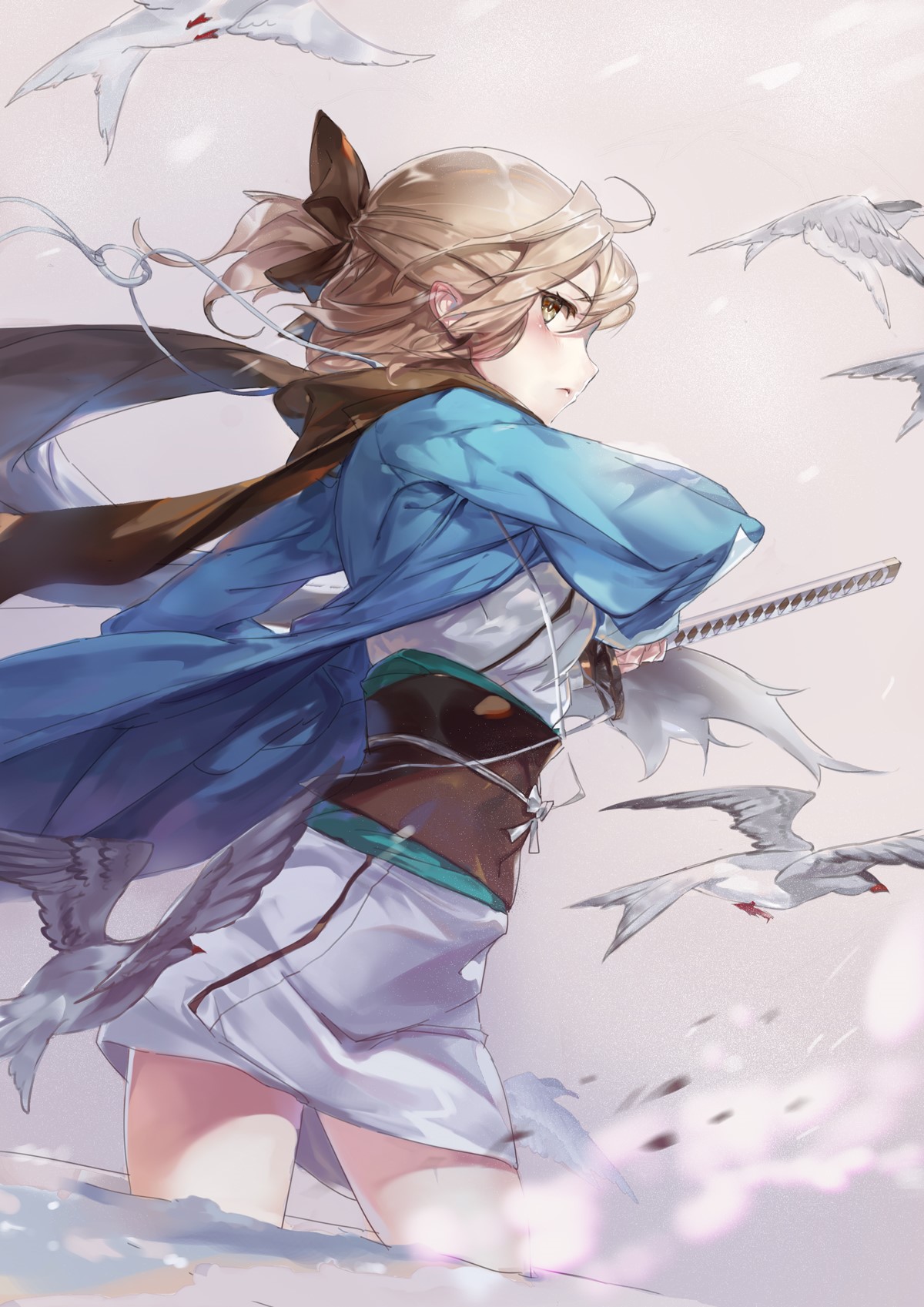 Anime girl with katana and birds HD Phone Wallpaper