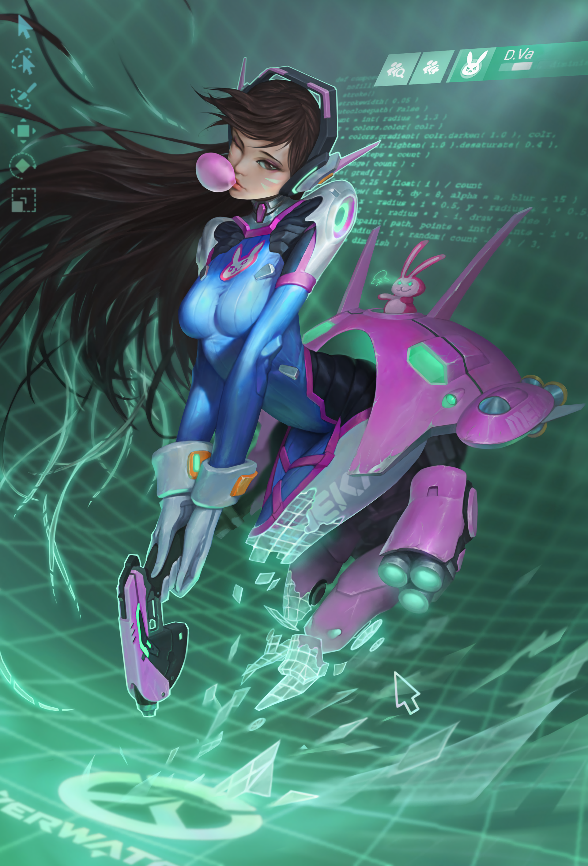 D.Va from Overwatch with a mech and code HD Phone Wallpaper