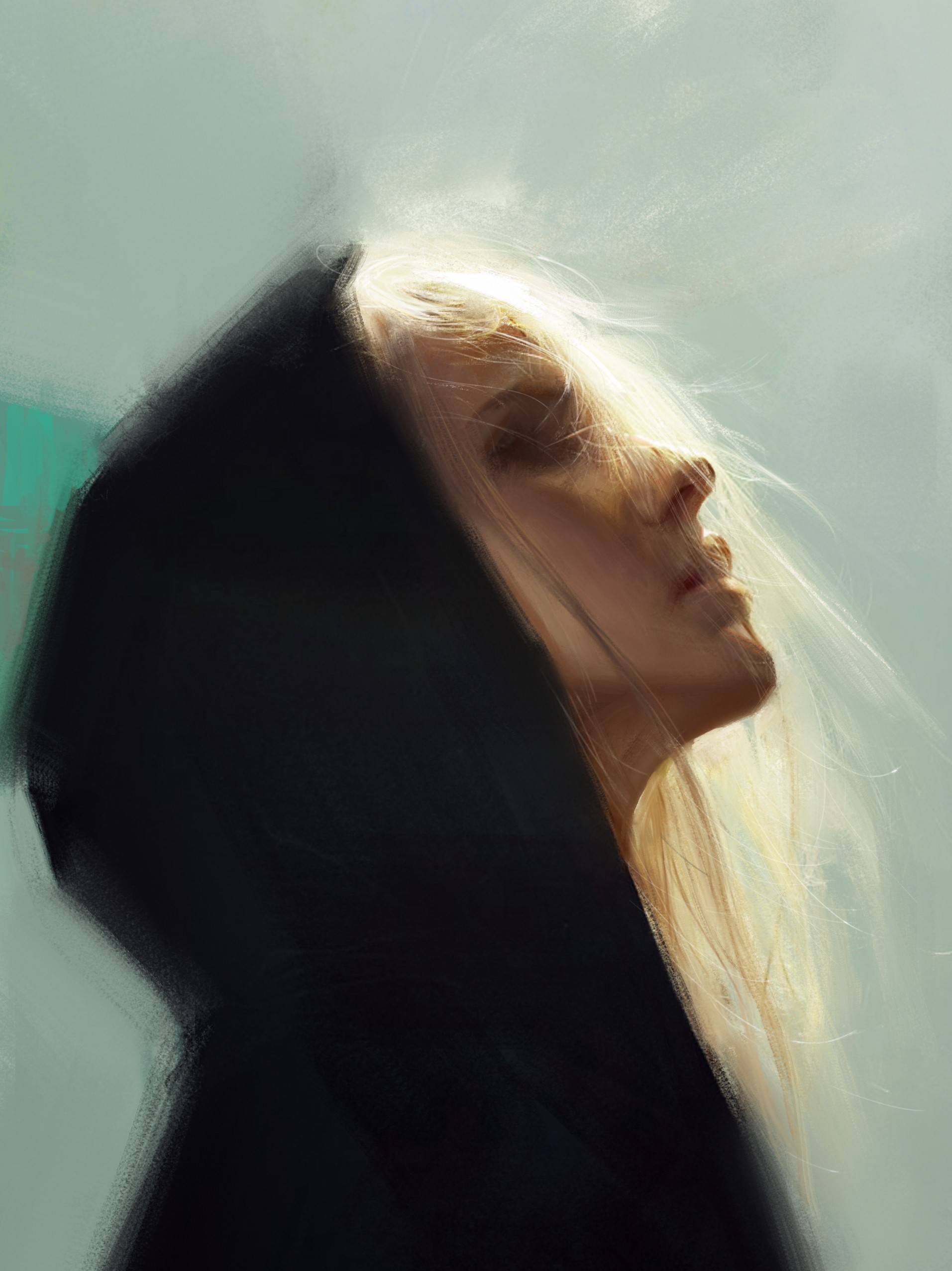 Artwork of a woman with blonde hair wearing a black hood HD Phone Wallpaper