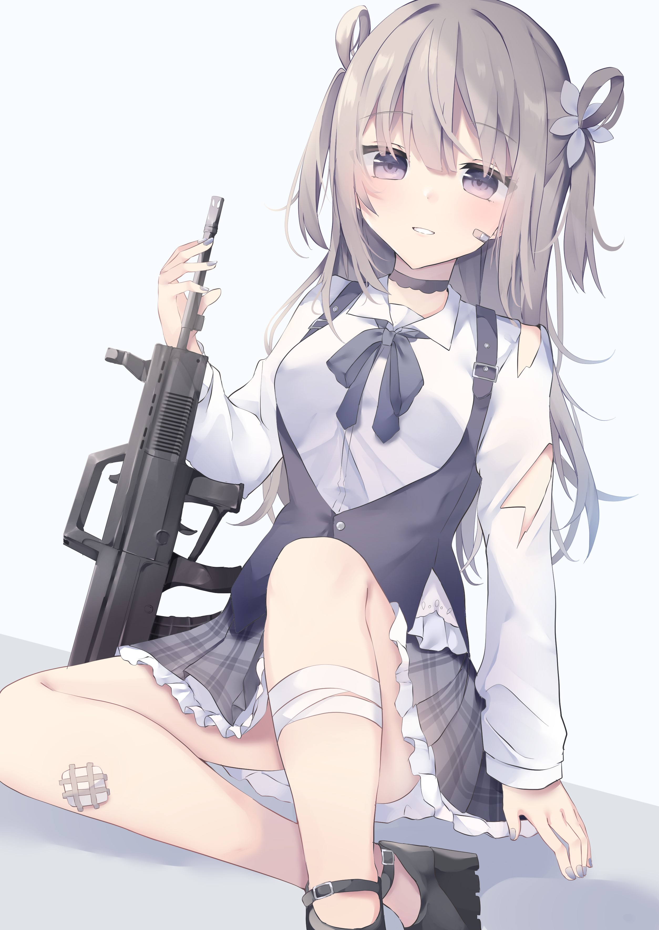 Anime girl with gray hair and a gun HD Phone Wallpaper