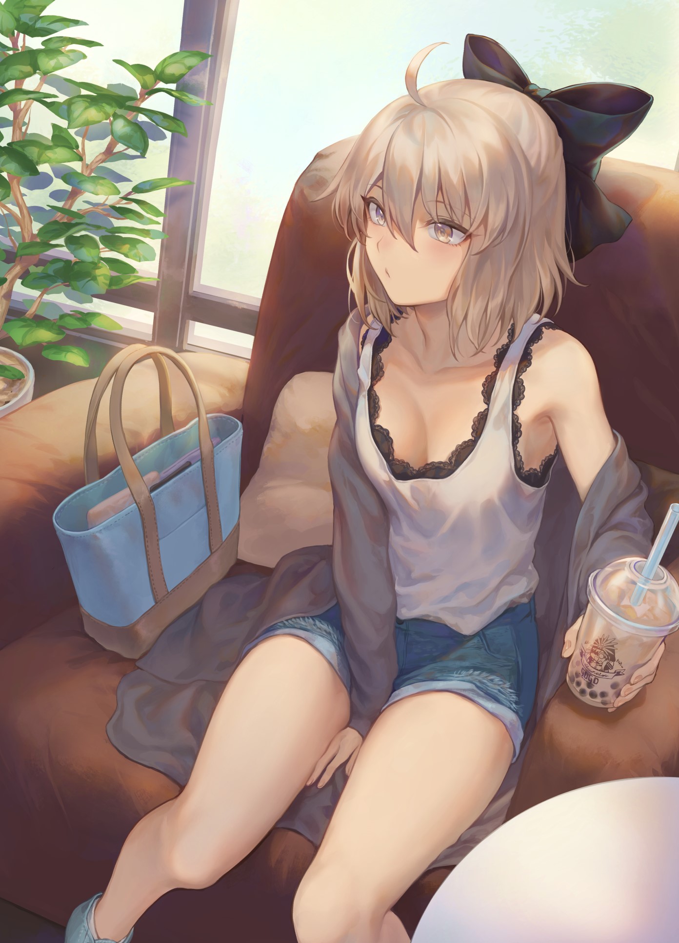 Okita Souji from Fate/Grand Order with a drink HD Phone Wallpaper