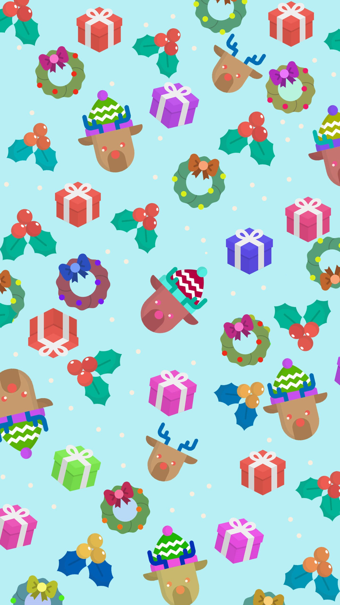 Christmas pattern with presents, deer, and holly HD Phone Wallpaper