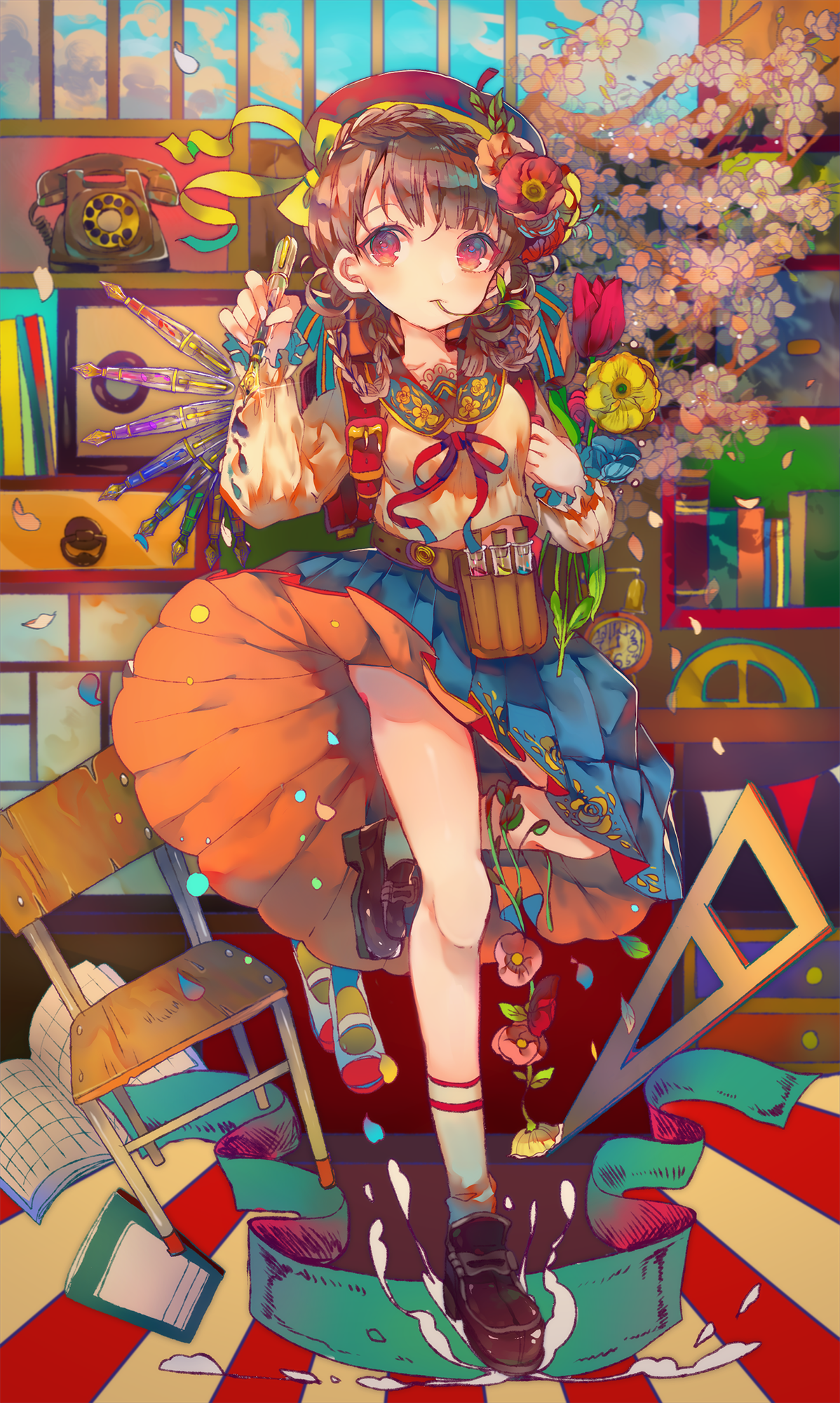 Anime girl with art supplies and school items HD Phone Wallpaper