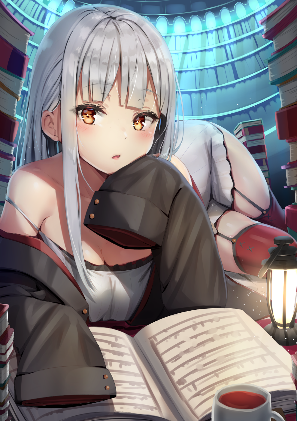 Anime girl with white hair reading in a library HD Phone Wallpaper