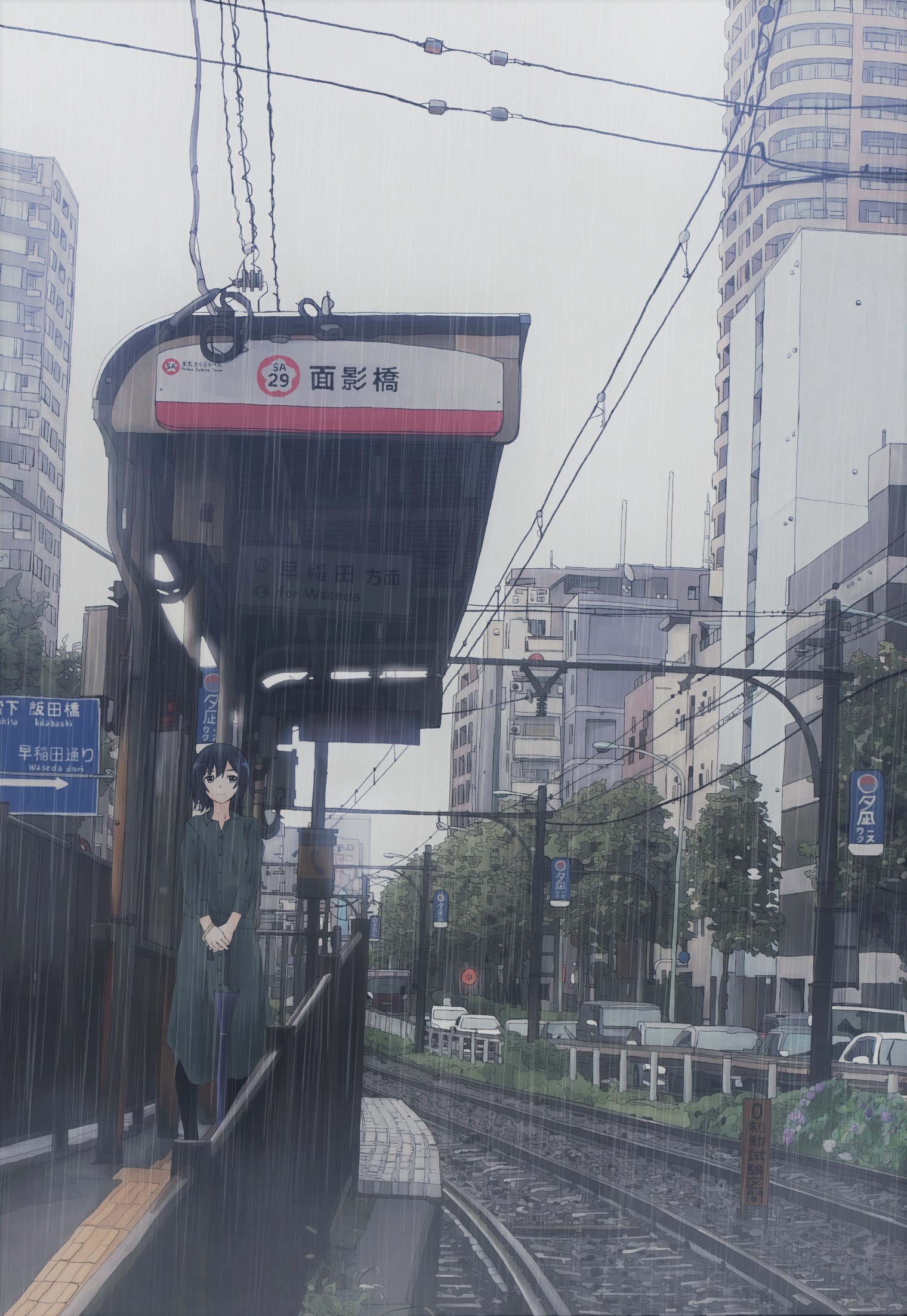 Anime girl at a rainy train station platform HD Phone Wallpaper