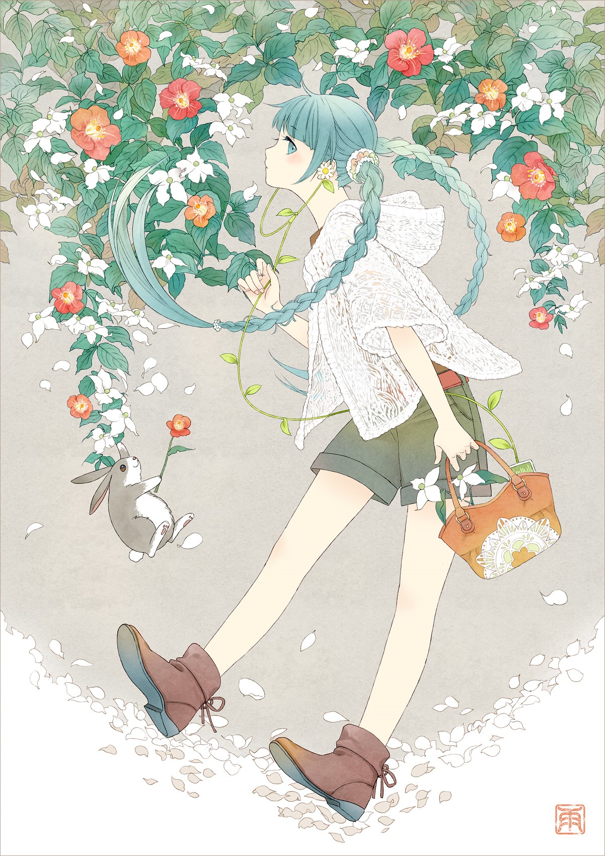 Anime girl with blue hair and rabbit among flowers HD Phone Wallpaper