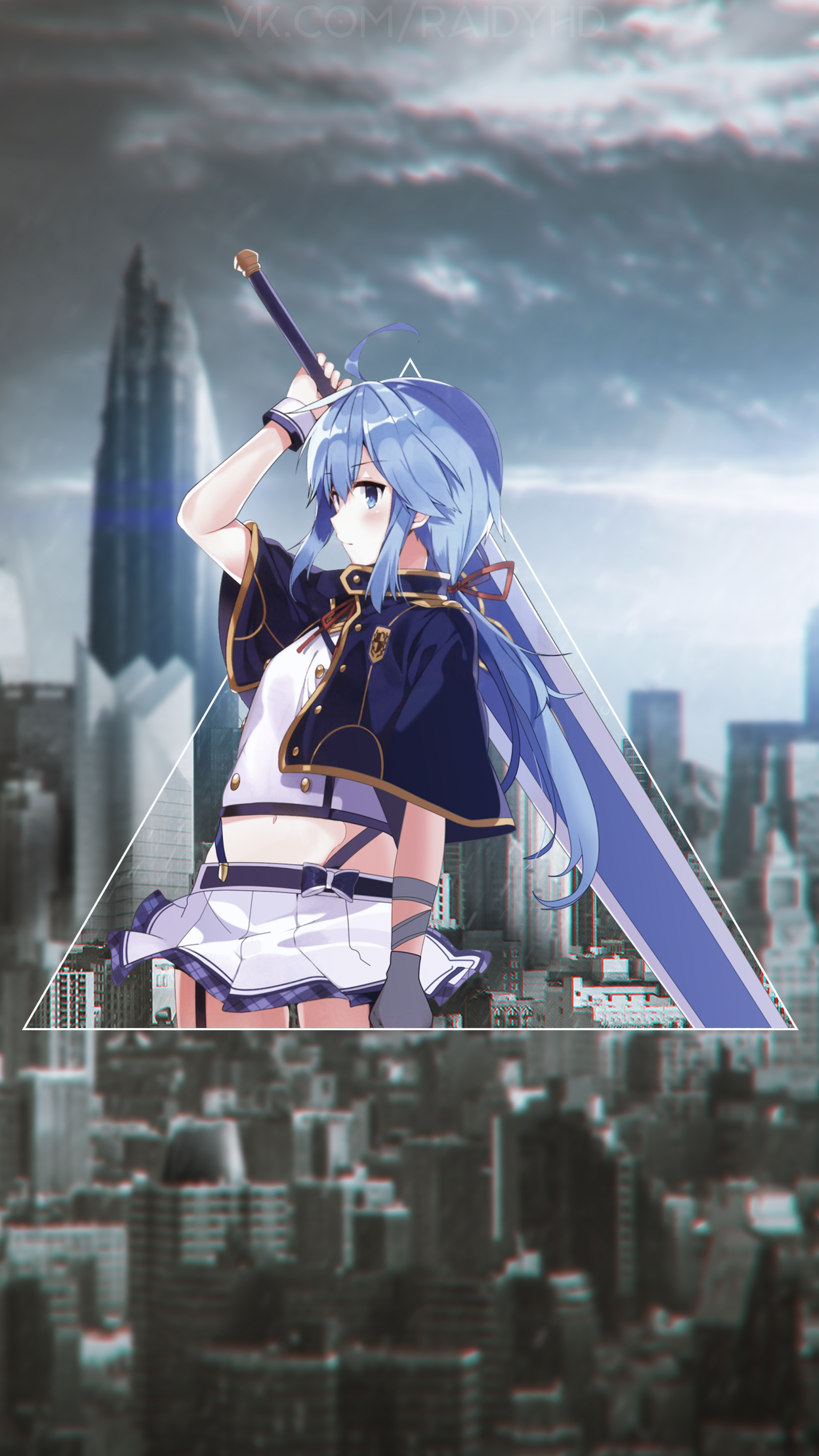 Anime girl with blue hair holding a sword in a city HD Phone Wallpaper