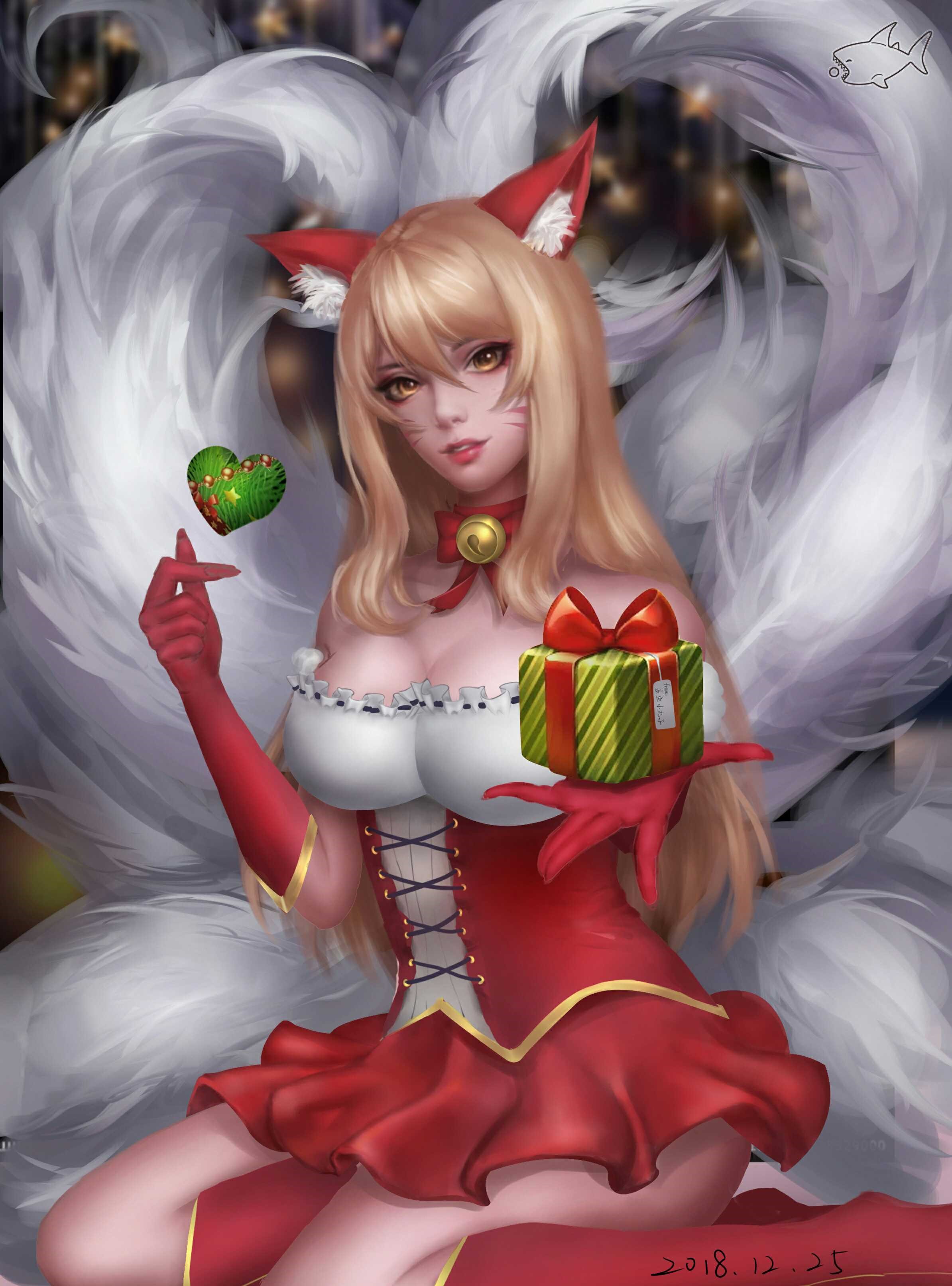 Ahri from League of Legends in Christmas outfit HD Phone Wallpaper