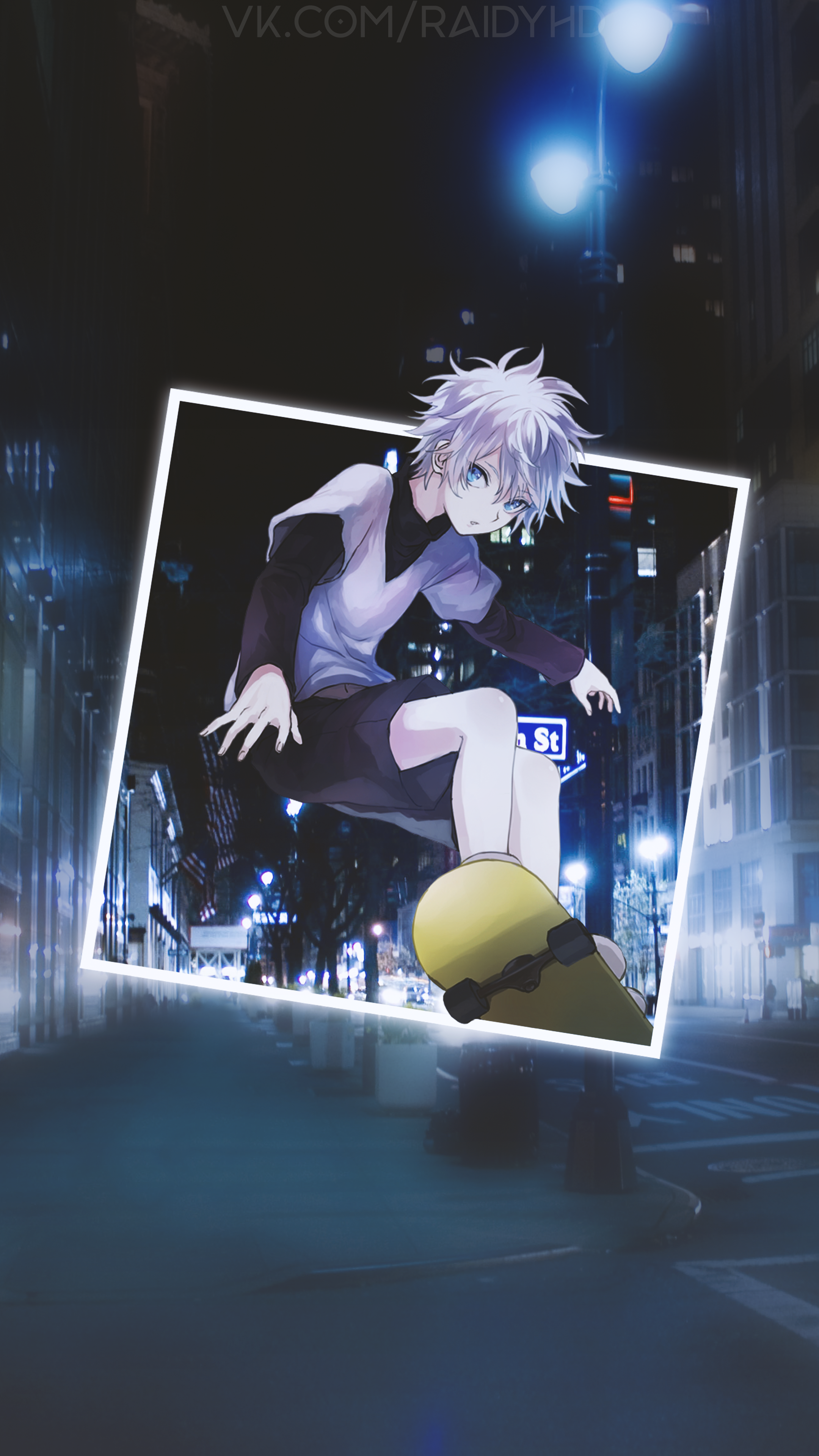 Killua Zoldyck from Hunter x Hunter skateboarding at night HD Phone Wallpaper