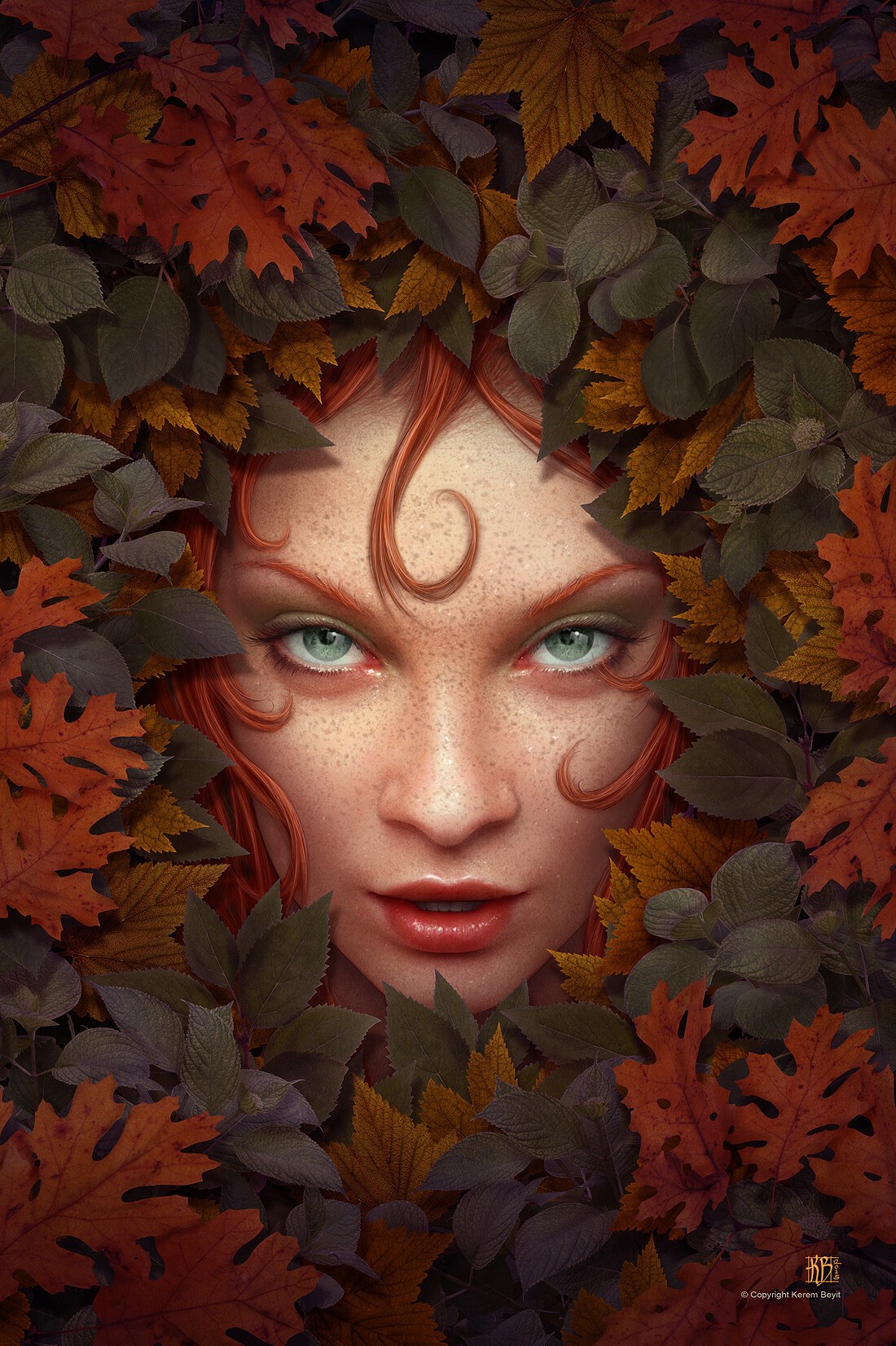 Redhead woman with green eyes surrounded by autumn leaves HD Phone Wallpaper