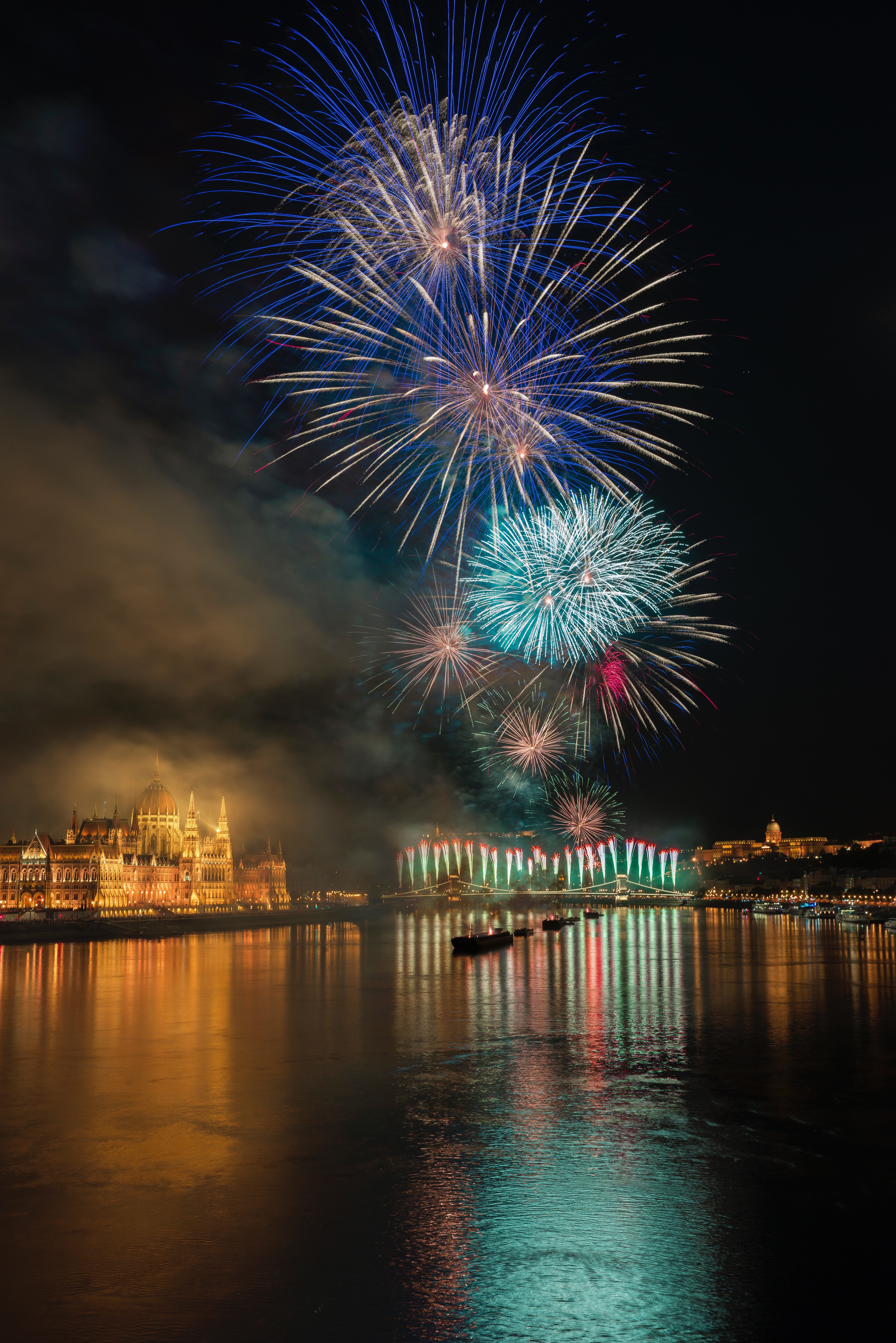 Fireworks over Danube River in Budapest HD Phone Wallpaper