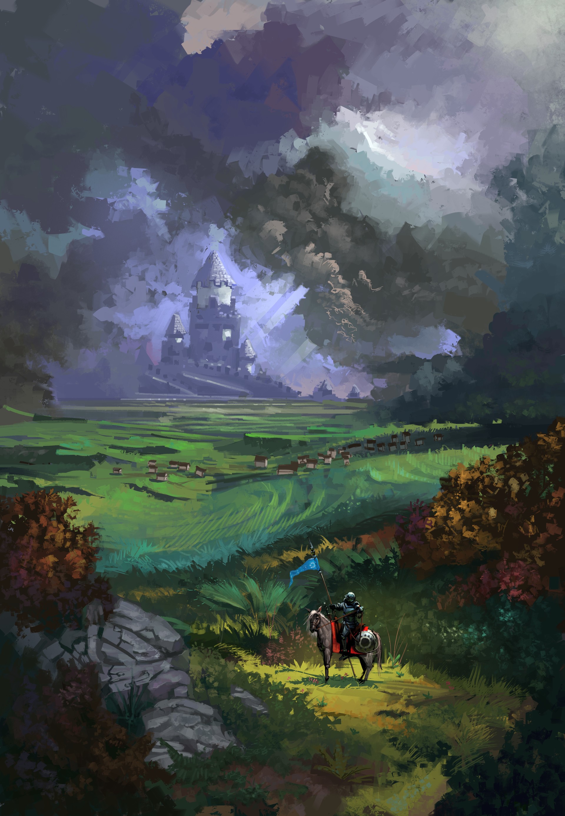 Knight on horseback approaches a castle under stormy clouds HD Phone Wallpaper