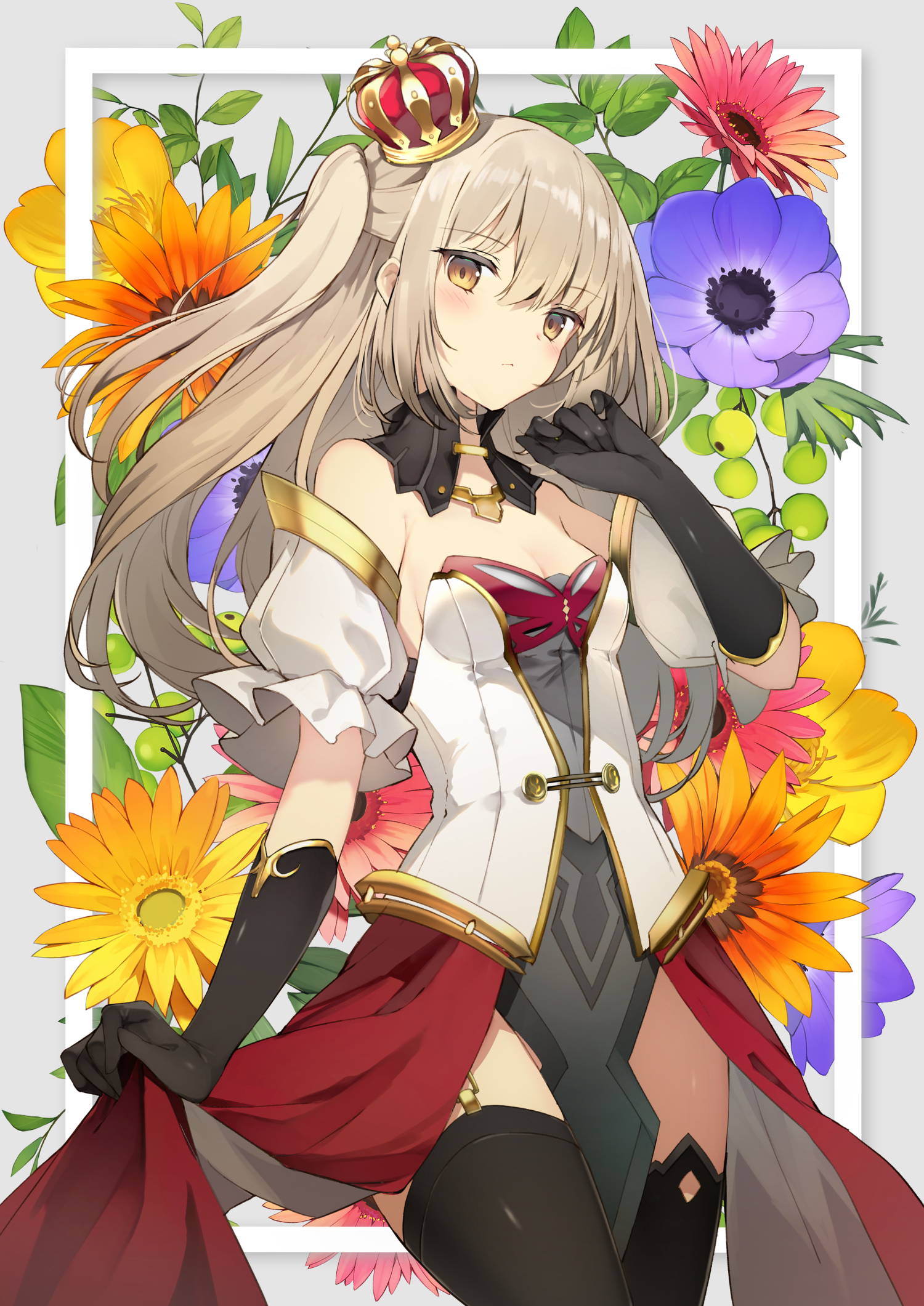 Anime girl with blonde ponytail and crown surrounded by flowers HD Phone Wallpaper